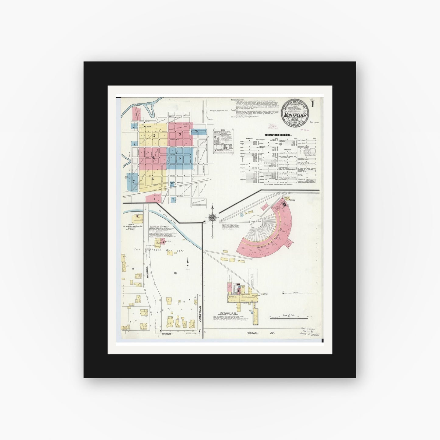 Old map wall art mockup — black gallery frame with white mat — Sanborn Fire Insurance Map from Montpelier, Williams County, Ohio (1910) - Complete Map Set