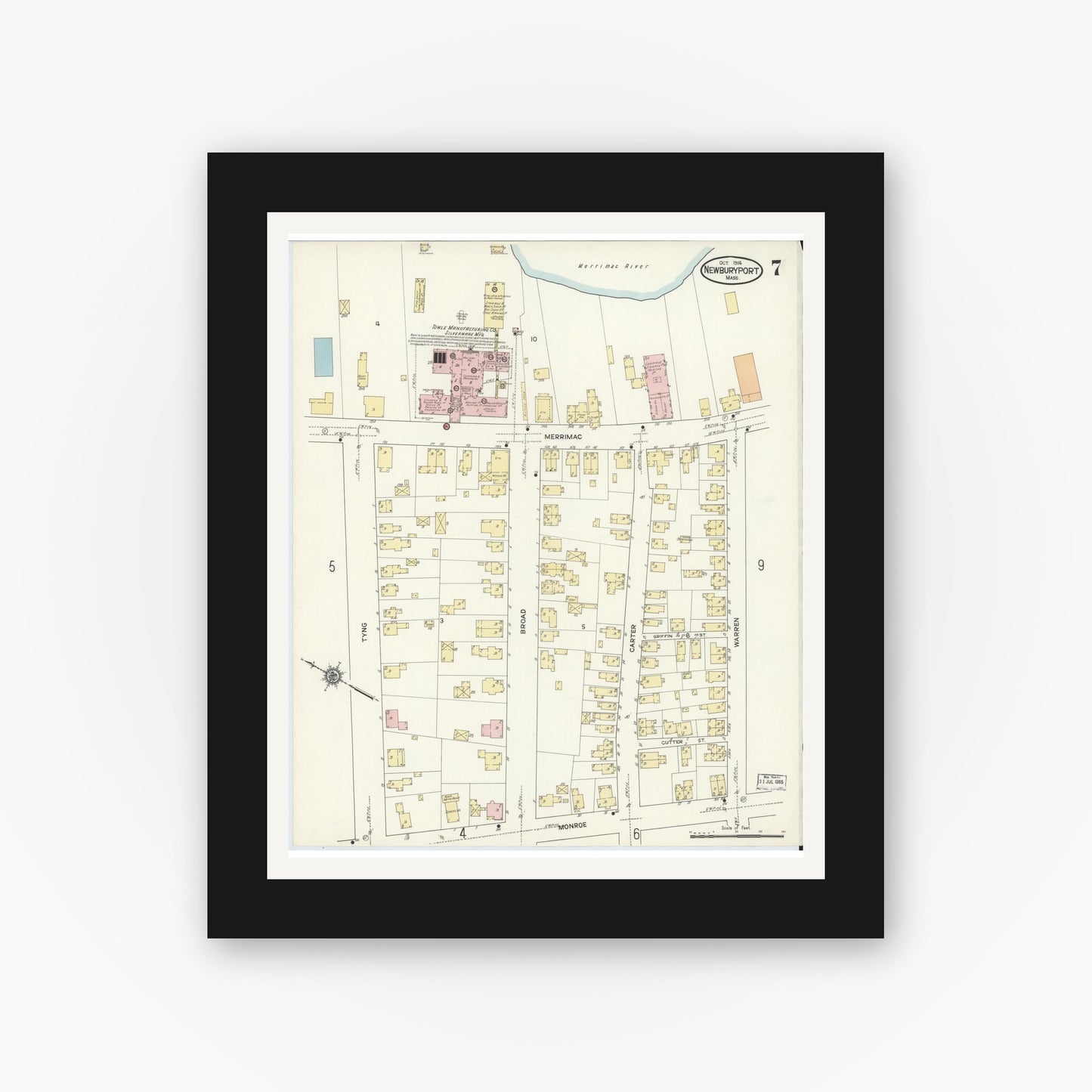 Old map wall art mockup — black gallery frame with white mat — Sanborn Fire Insurance Map from Newburyport, Essex County, Massachusetts (1914), Sheet #0007