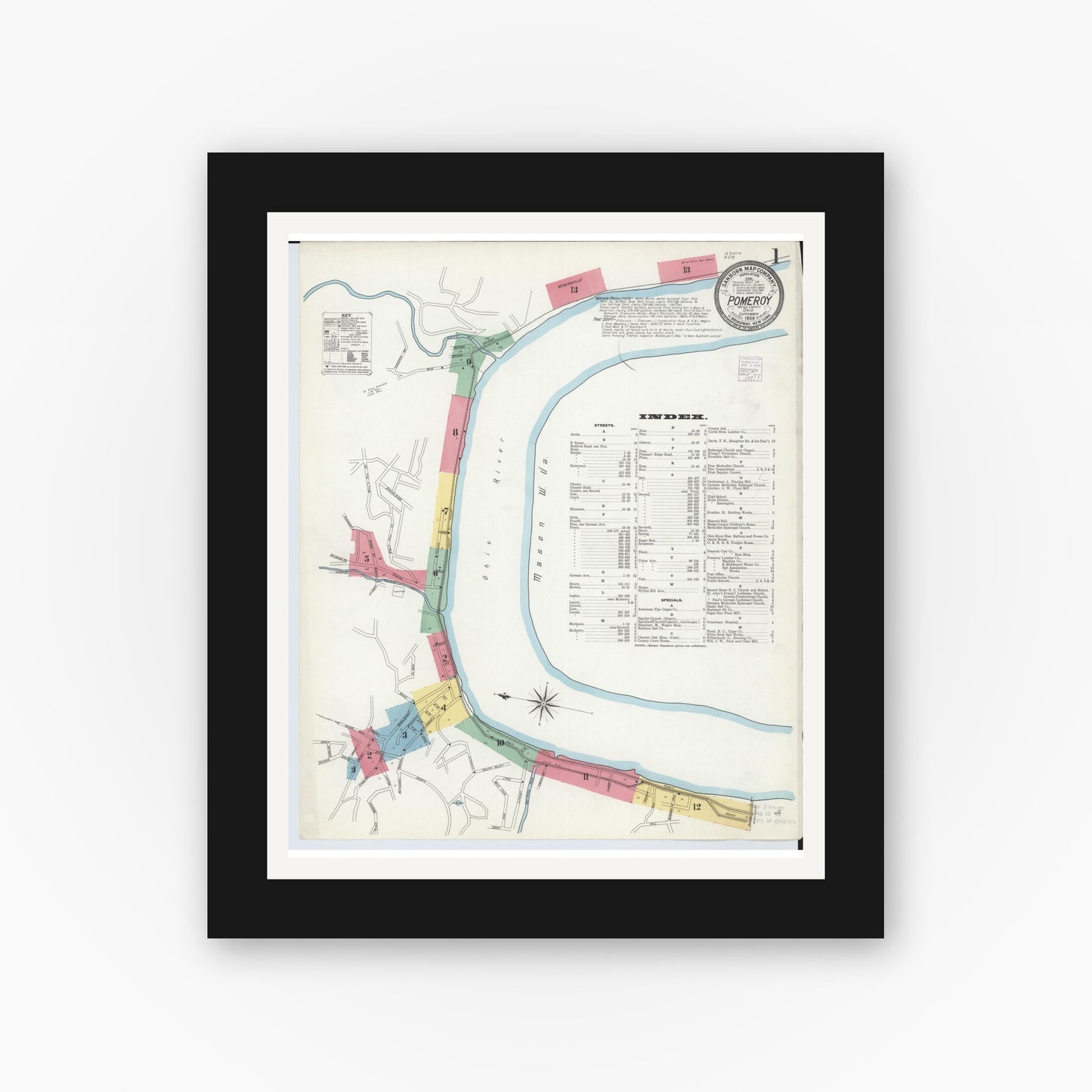 Old map wall art mockup — black gallery frame with white mat — Sanborn Fire Insurance Map from Pomeroy, Meigs County, Ohio (1908), Sheet #0001