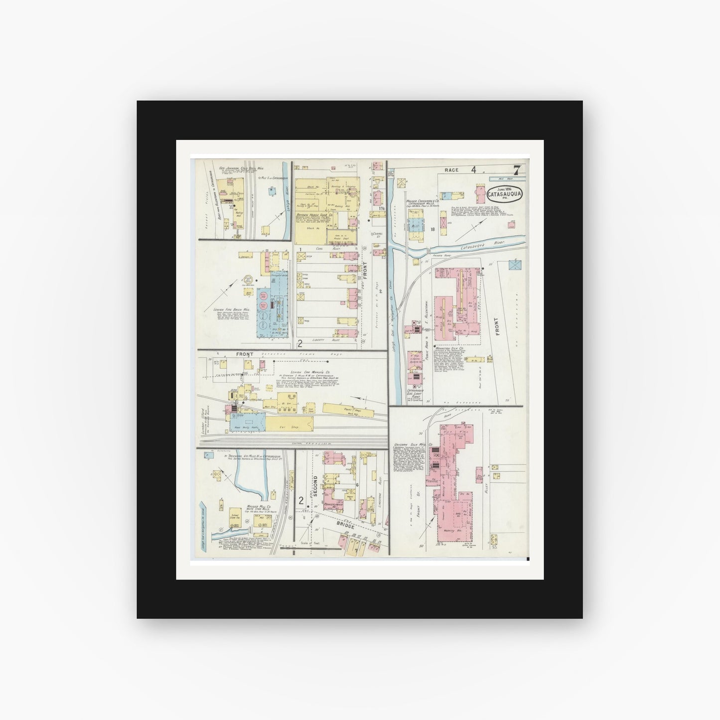 Old map wall art mockup — black gallery frame with white mat — Sanborn Fire Insurance Map from Catasauqua, Lehigh County, Pennsylvania (1896), Sheet #0007