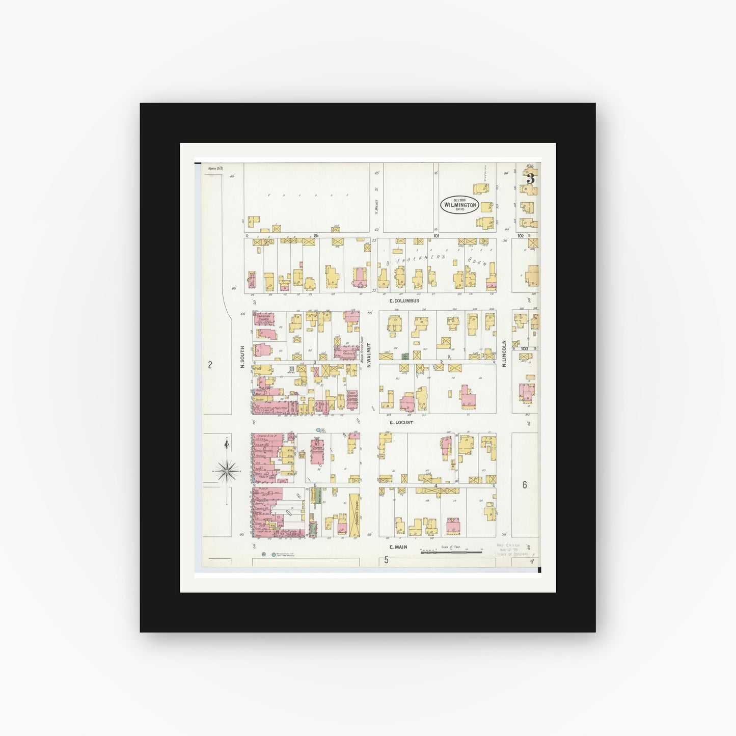 Old map wall art mockup — black gallery frame with white mat — Sanborn Fire Insurance Map from Wilmington, Clinton County, Ohio (1900), Sheet #0003