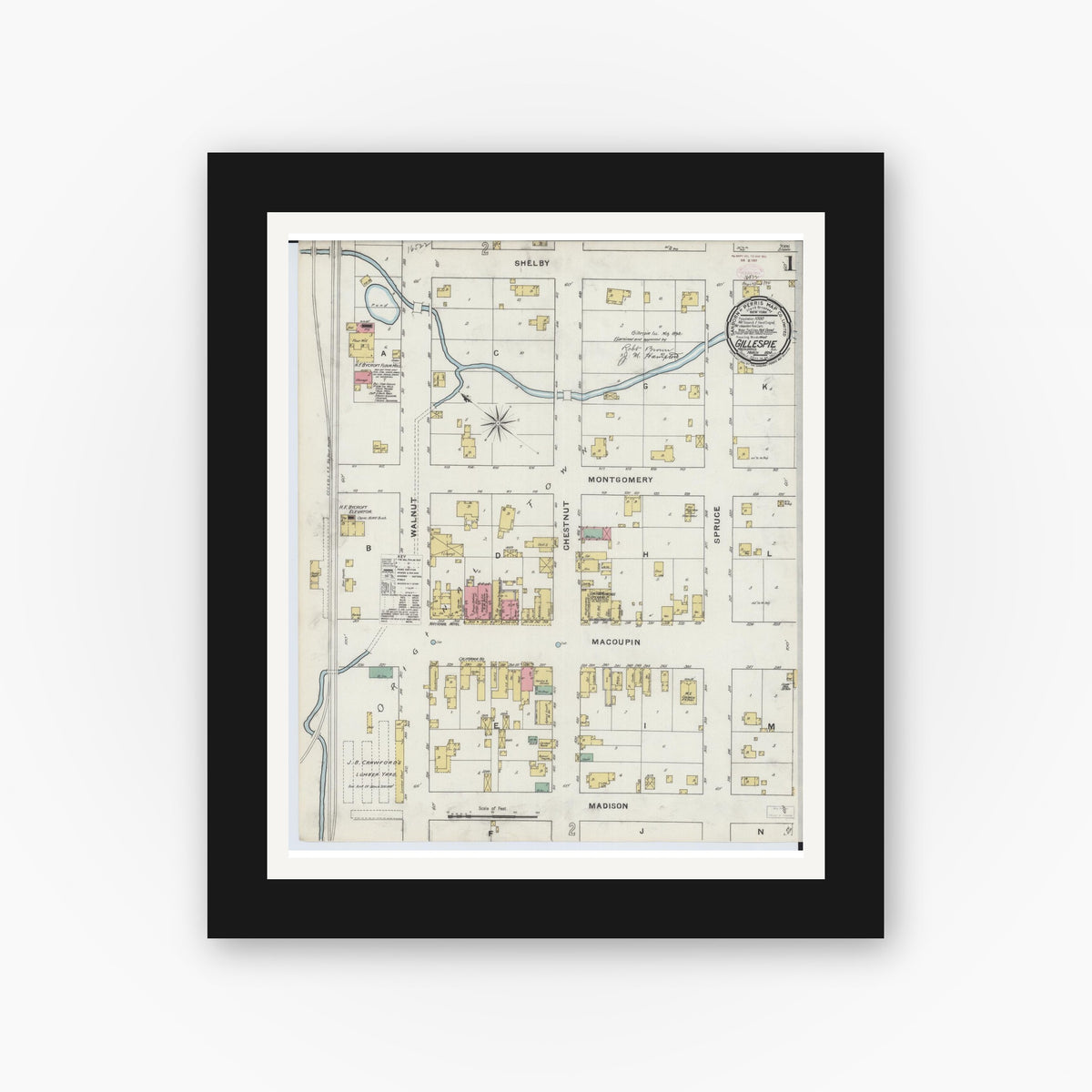 Old map wall art mockup — black gallery frame with white mat — Sanborn Fire Insurance Map from Gillespie, Macoupin County, Illinois (1894) - Complete Map Set