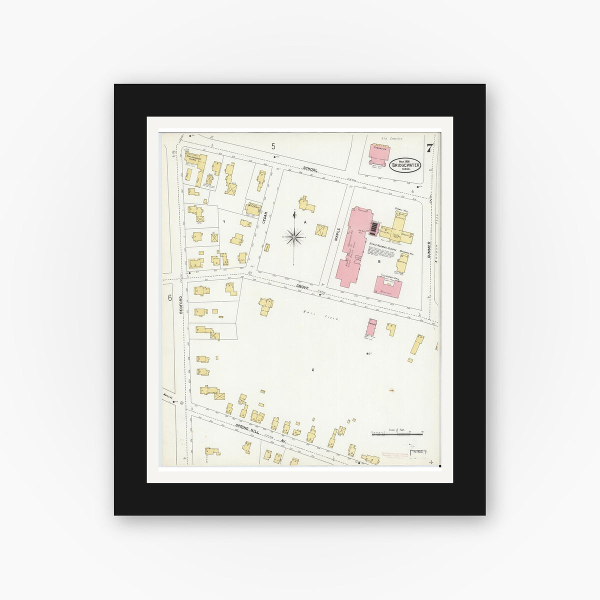 Old map wall art mockup — black gallery frame with white mat — Sanborn Fire Insurance Map from Bridgewater, Plymouth County, Massachusetts (1906), Sheet #0007