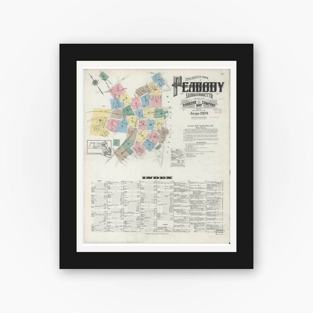 Old map wall art mockup — black gallery frame with white mat — Sanborn Fire Insurance Map from Peabody, Essex County, Massachusetts (1914) - Complete Map Set
