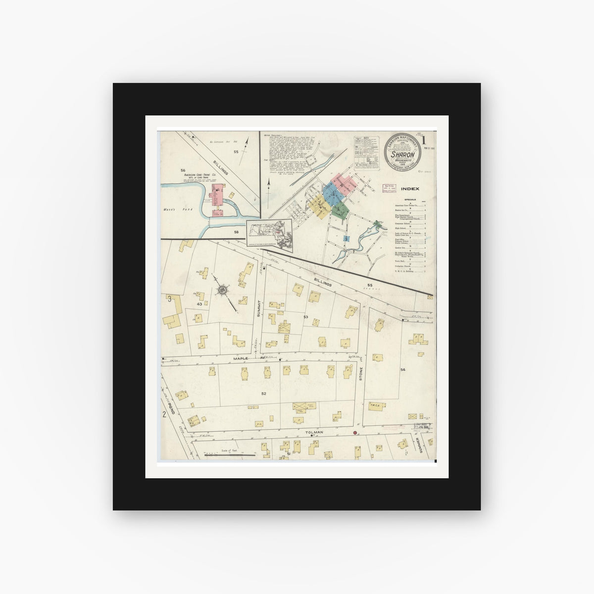 Old map wall art mockup — black gallery frame with white mat — Sanborn Fire Insurance Map from Sharon, Norfolk County, Massachusetts (1916) - Complete Map Set