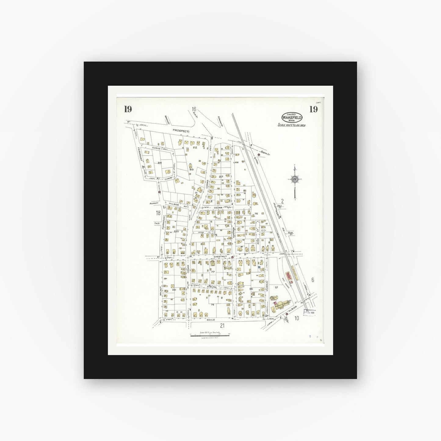 Old map wall art mockup — black gallery frame with white mat — Sanborn Fire Insurance Map from Wakefield, Middlesex County, Massachusetts (1923), Sheet #0019
