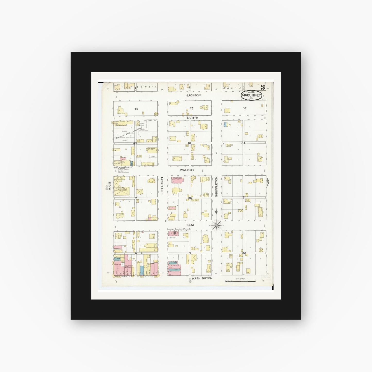 Old map wall art mockup β black gallery frame with white mat β Sanborn Fire Insurance Map from Sigourney, Kiokuk County, Iowa (1893), Sheet #0003