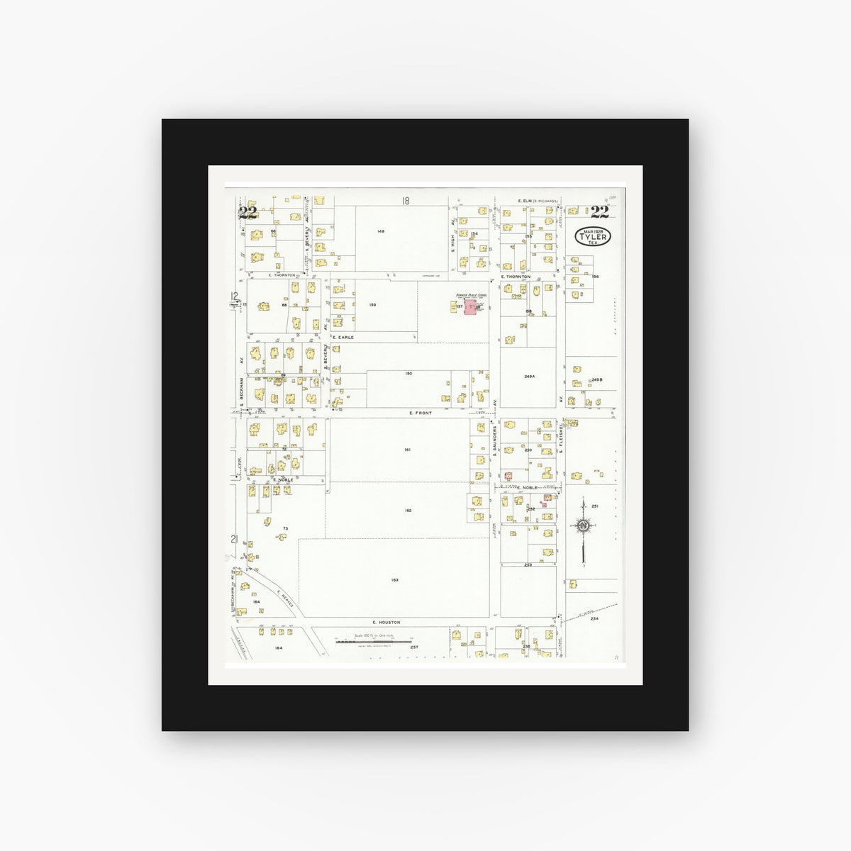 Old map wall art mockup — black gallery frame with white mat — Sanborn Fire Insurance Map from Tyler, Smith County, Texas (1928), Sheet #0022