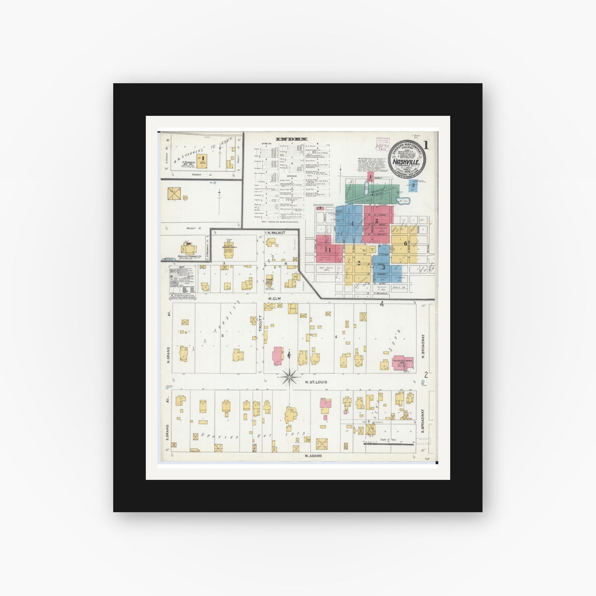 Old map wall art mockup — black gallery frame with white mat — Sanborn Fire Insurance Map from Nashville, Washington County, Illinois (1906) - Complete Map Set