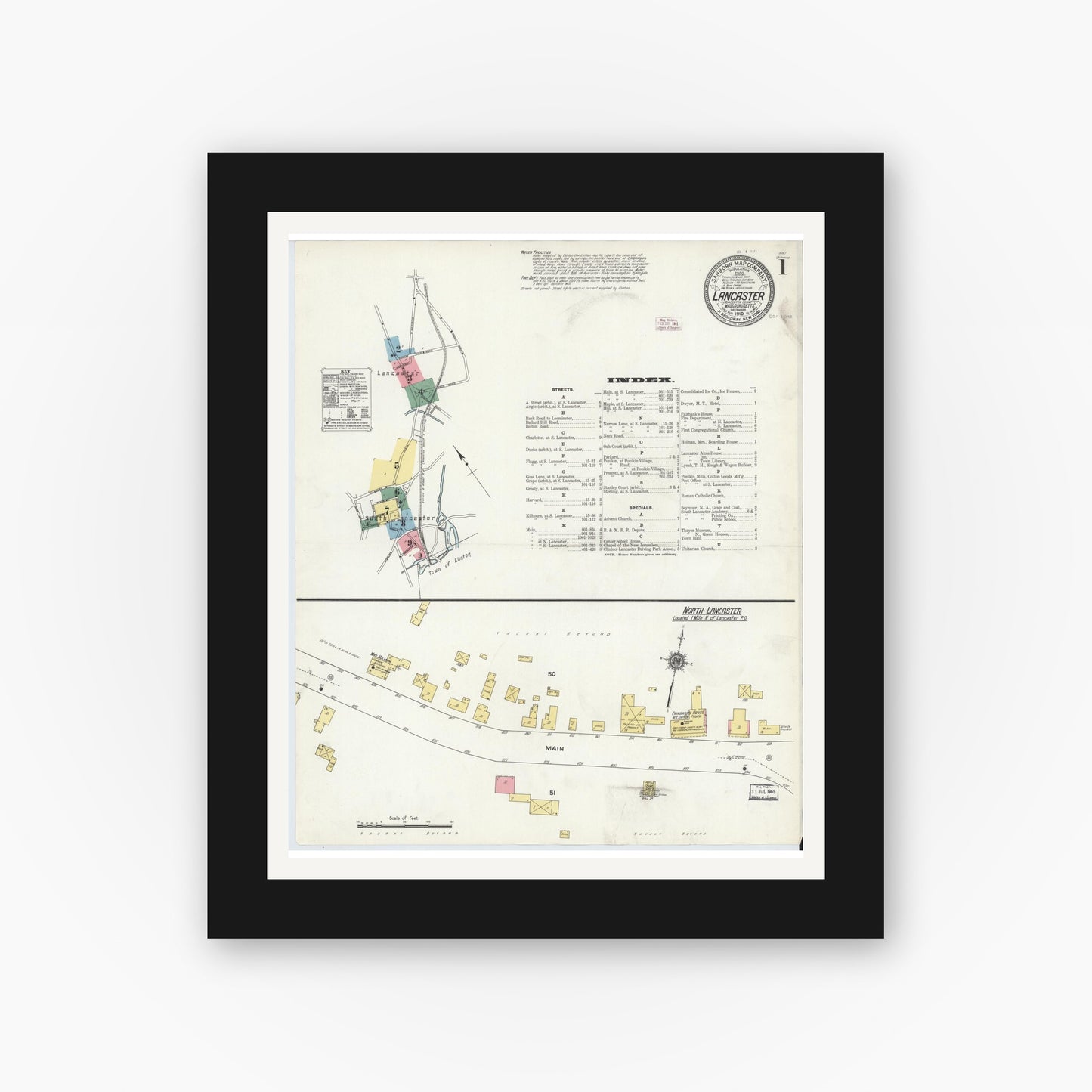 Old map wall art mockup — black gallery frame with white mat — Sanborn Fire Insurance Map from Lancaster, Worcester County, Massachusetts (1910), Sheet #0001