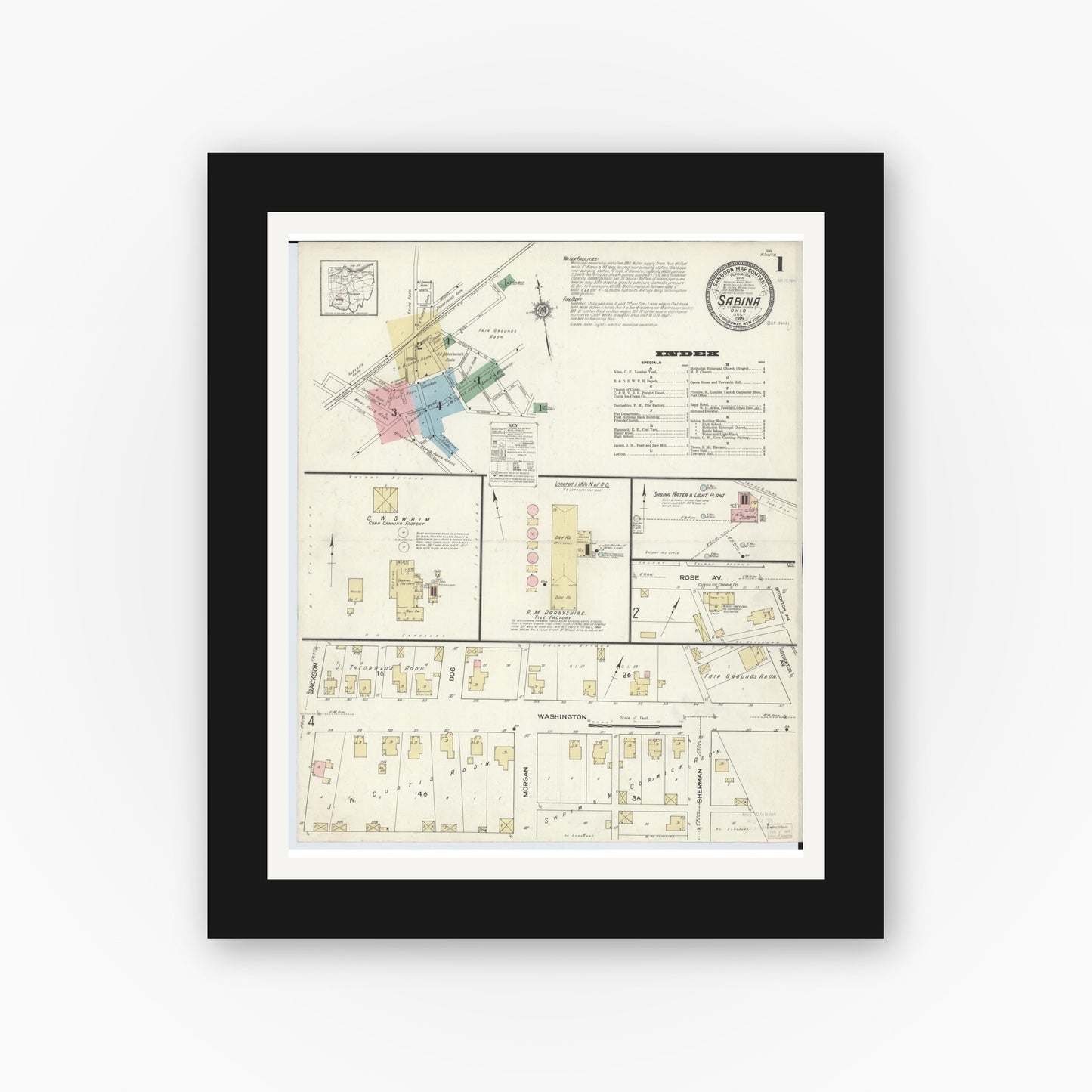 Old map wall art mockup — black gallery frame with white mat — Sanborn Fire Insurance Map from Sabina, Clinton County, Ohio (1914), Sheet #0001