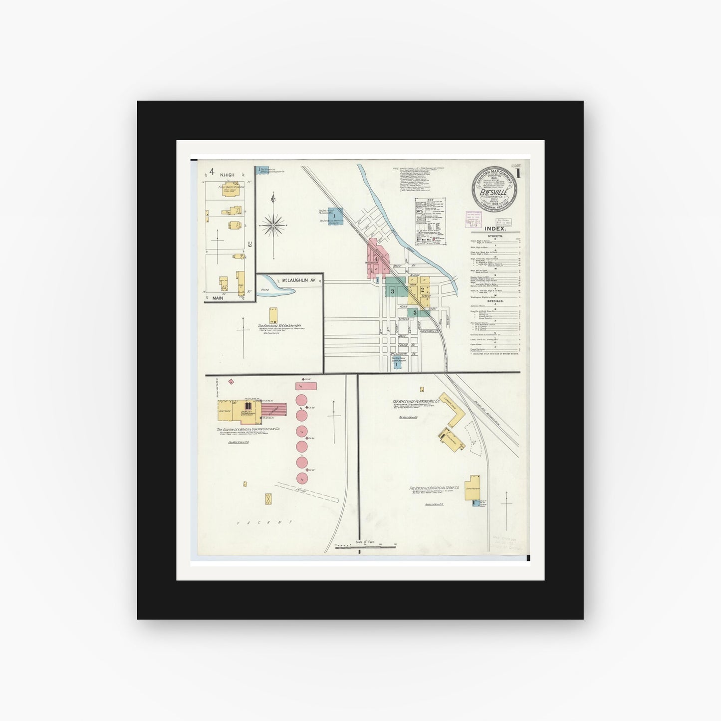 Old map wall art mockup — black gallery frame with white mat — Sanborn Fire Insurance Map from Byesville, Guernsey County, Ohio (1905) - Complete Map Set