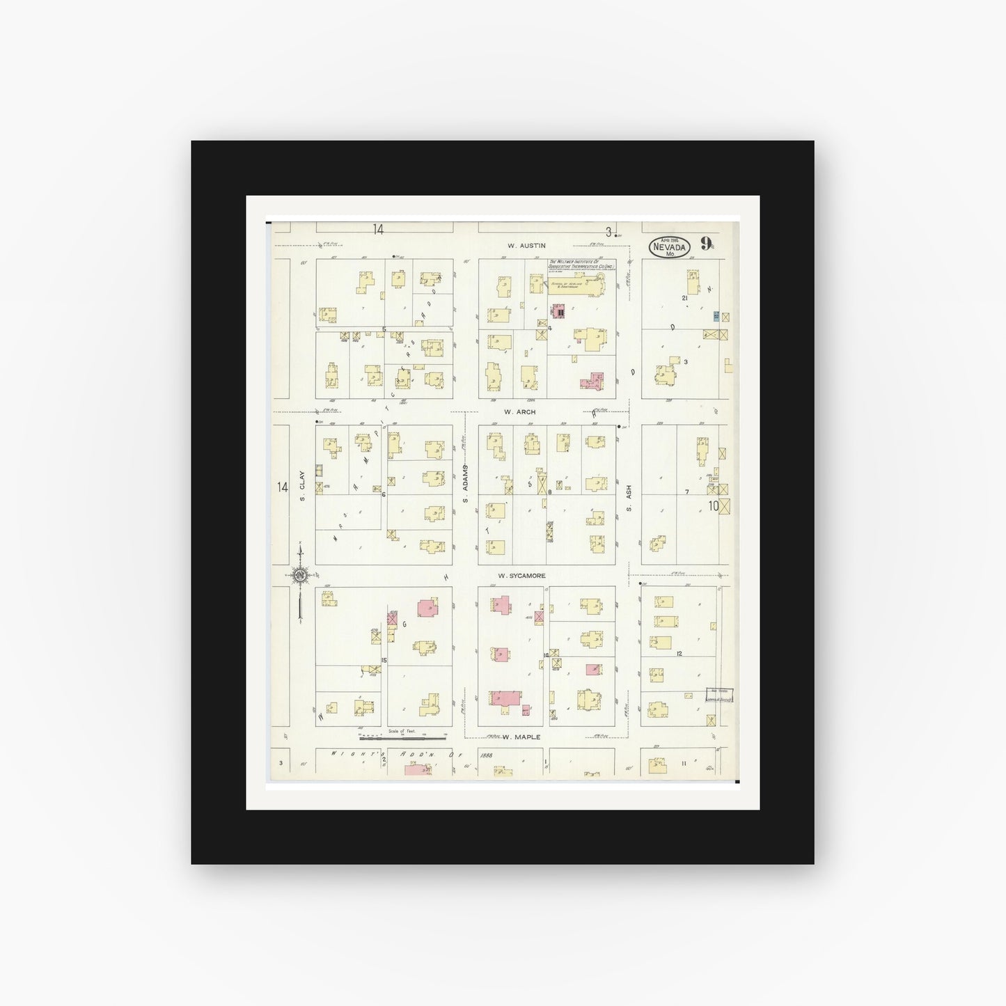 Old map wall art mockup — black gallery frame with white mat — Sanborn Fire Insurance Map from Nevada, Vernon County, Missouri (1914), Sheet #0009