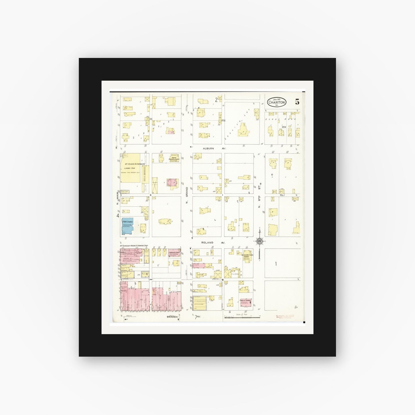 Old map wall art mockup — black gallery frame with white mat — Sanborn Fire Insurance Map from Chariton, Lucas County, Iowa (1913), Sheet #0005