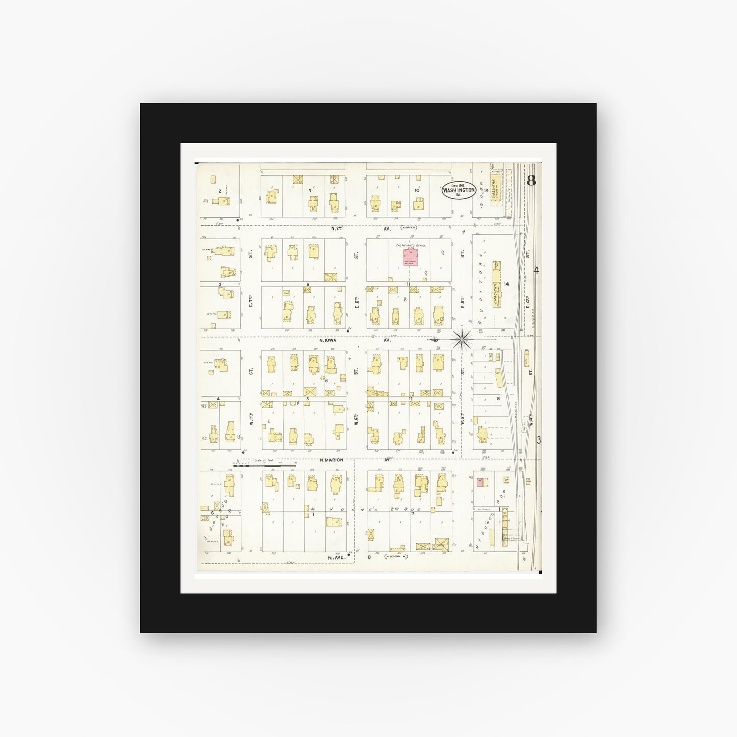 Old map wall art mockup — black gallery frame with white mat — Sanborn Fire Insurance Map from Washington, Washington County, Iowa (1902), Sheet #0008