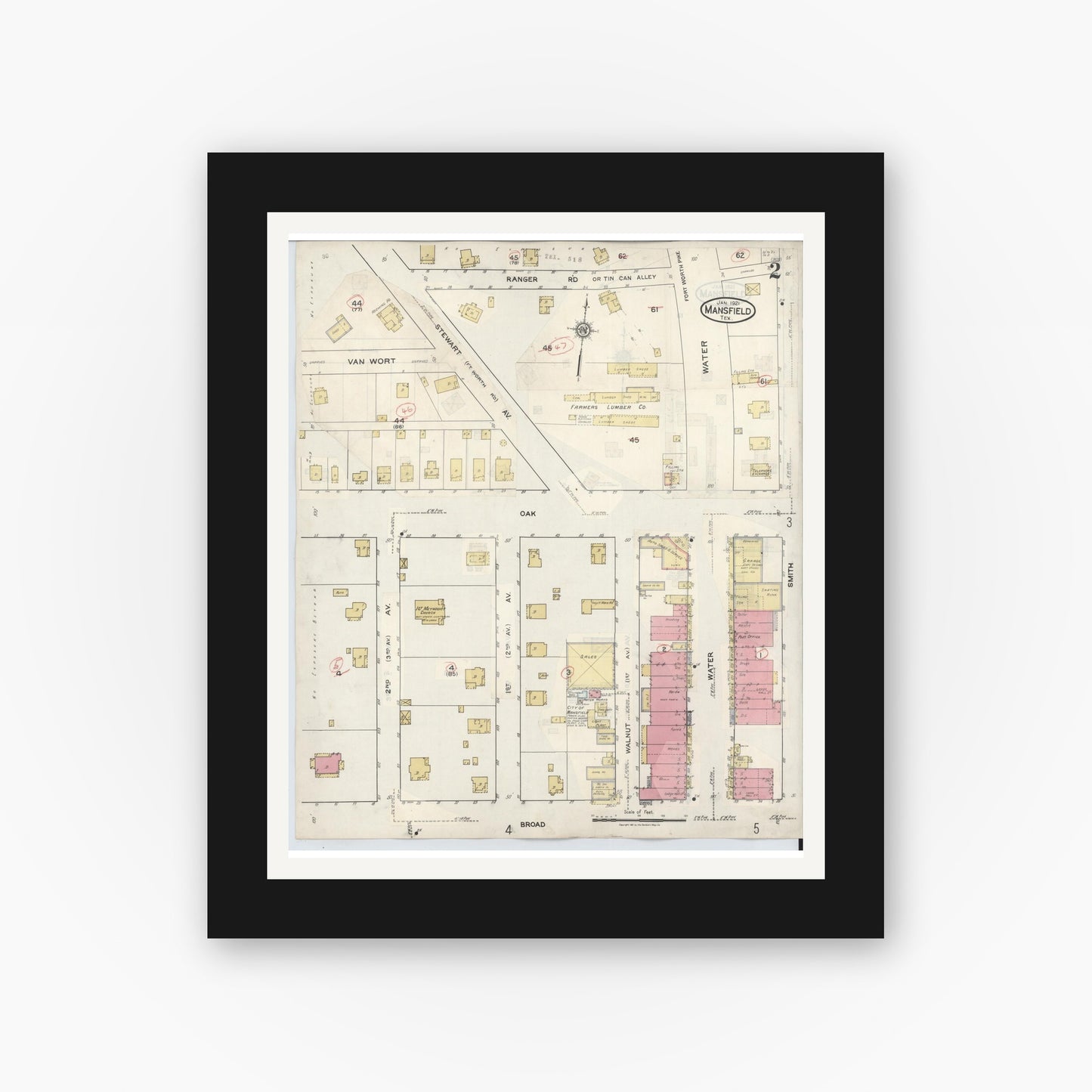 Old map wall art mockup — black gallery frame with white mat — Sanborn Fire Insurance Map from Mansfield, Tarrant County, Texas (1933), Sheet #0002