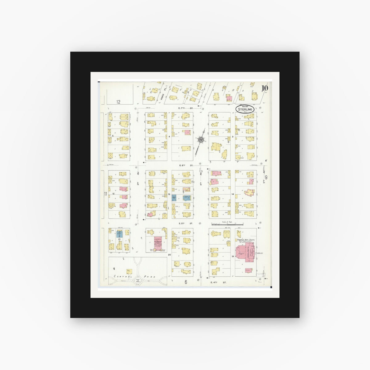 Old map wall art mockup — black gallery frame with white mat — Sanborn Fire Insurance Map from Sterling, Whiteside County, Illinois (1910), Sheet #0010