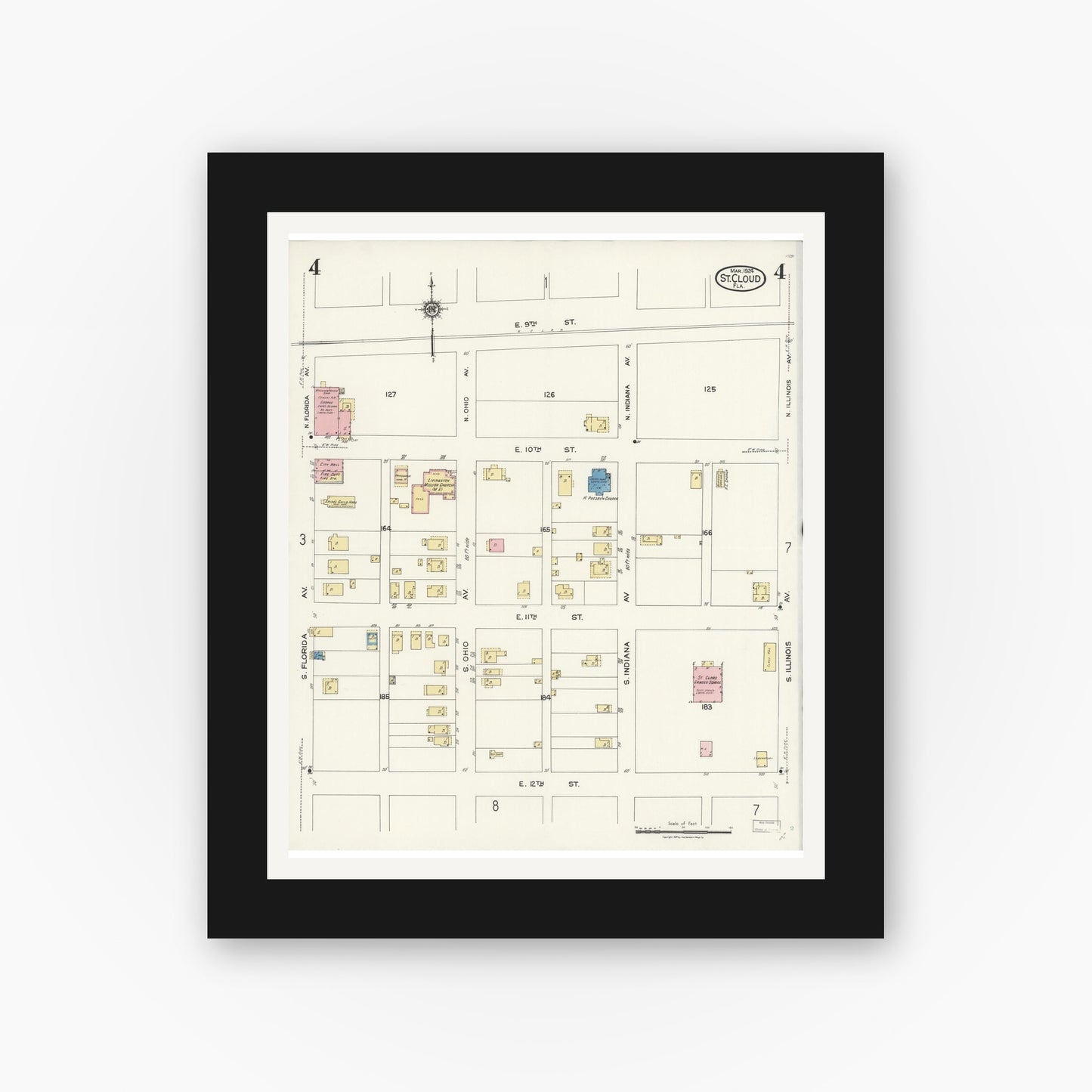 Old map wall art mockup — black gallery frame with white mat — Sanborn Fire Insurance Map from Saint Cloud, Osceola County, Florida (1924), Sheet #0004