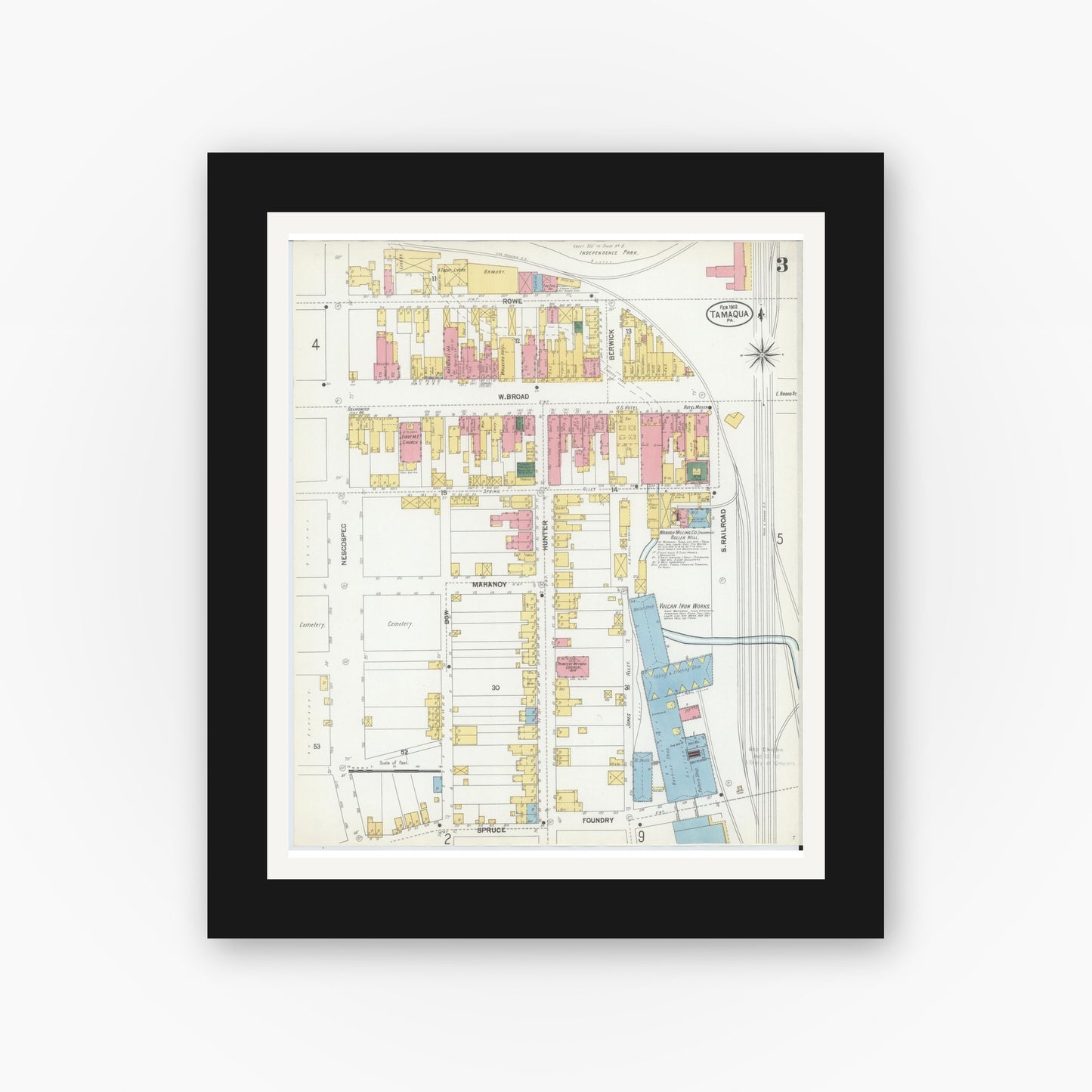 Old map wall art mockup — black gallery frame with white mat — Sanborn Fire Insurance Map from Tamaqua, Schuylkill County, Pennsylvania (1902), Sheet #0003
