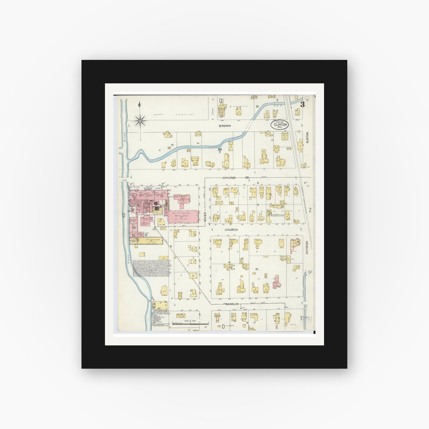 Old map wall art mockup — black gallery frame with white mat — Sanborn Fire Insurance Map from Clinton, Lenawee County, Michigan (1907), Sheet #0003