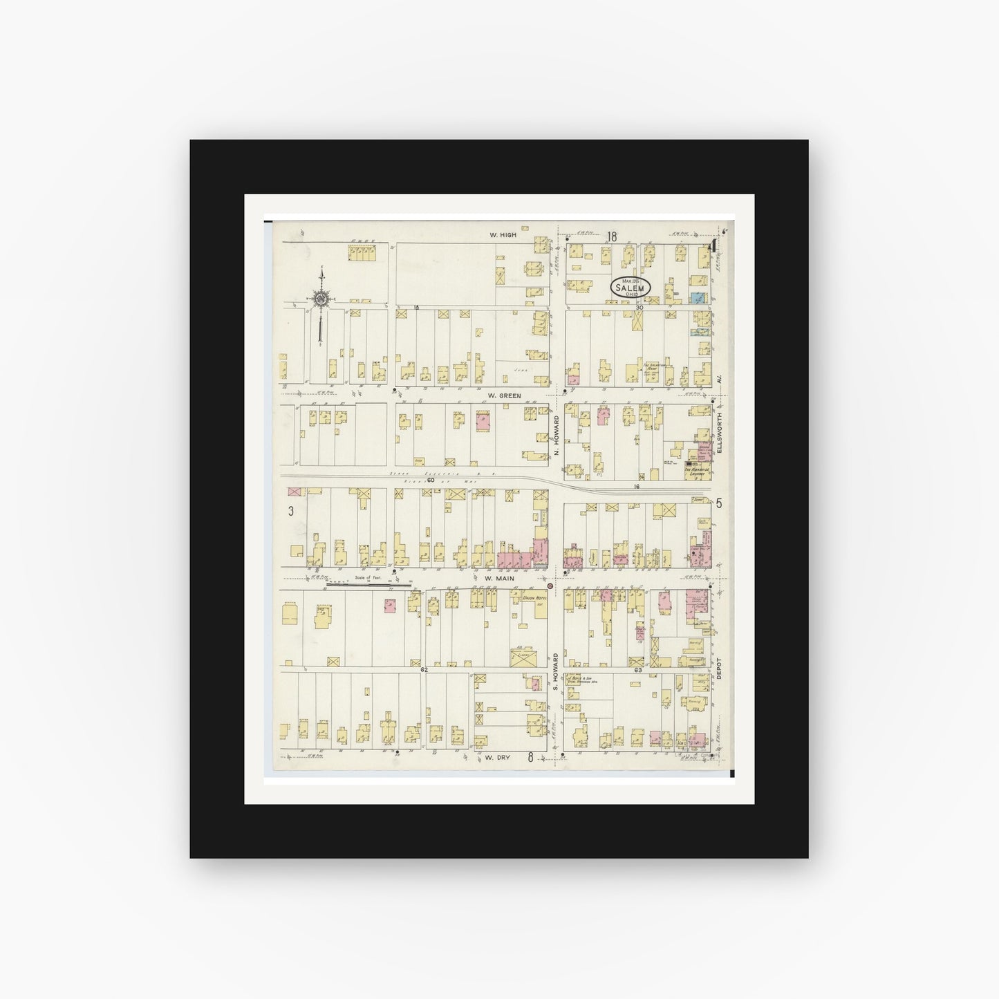 Old map wall art mockup — black gallery frame with white mat — Sanborn Fire Insurance Map from Salem, Columbiana County, Ohio (1915), Sheet #0004