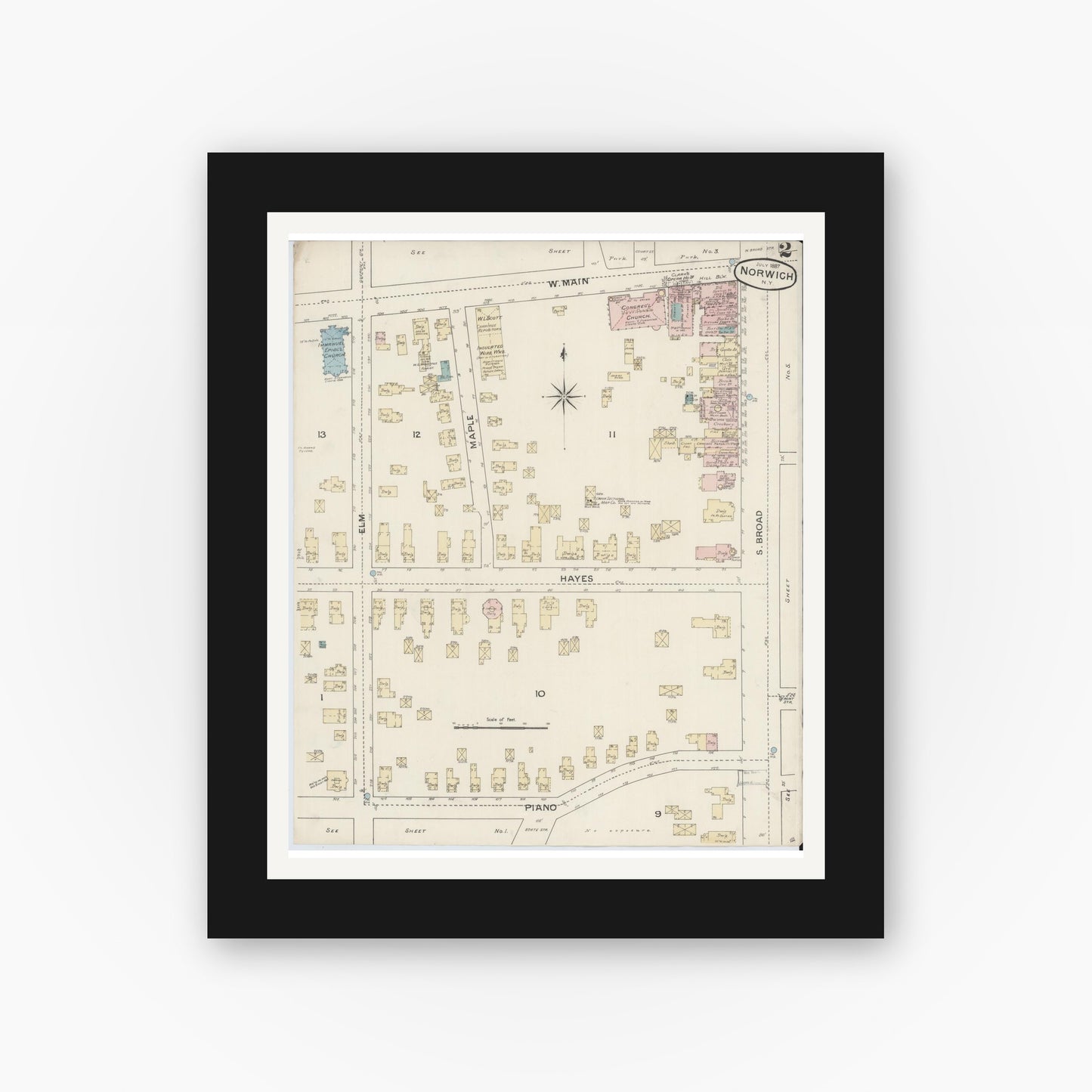 Old map wall art mockup — black gallery frame with white mat — Sanborn Fire Insurance Map from Norwich, Chenango County, New York (1887) - Complete Map Set