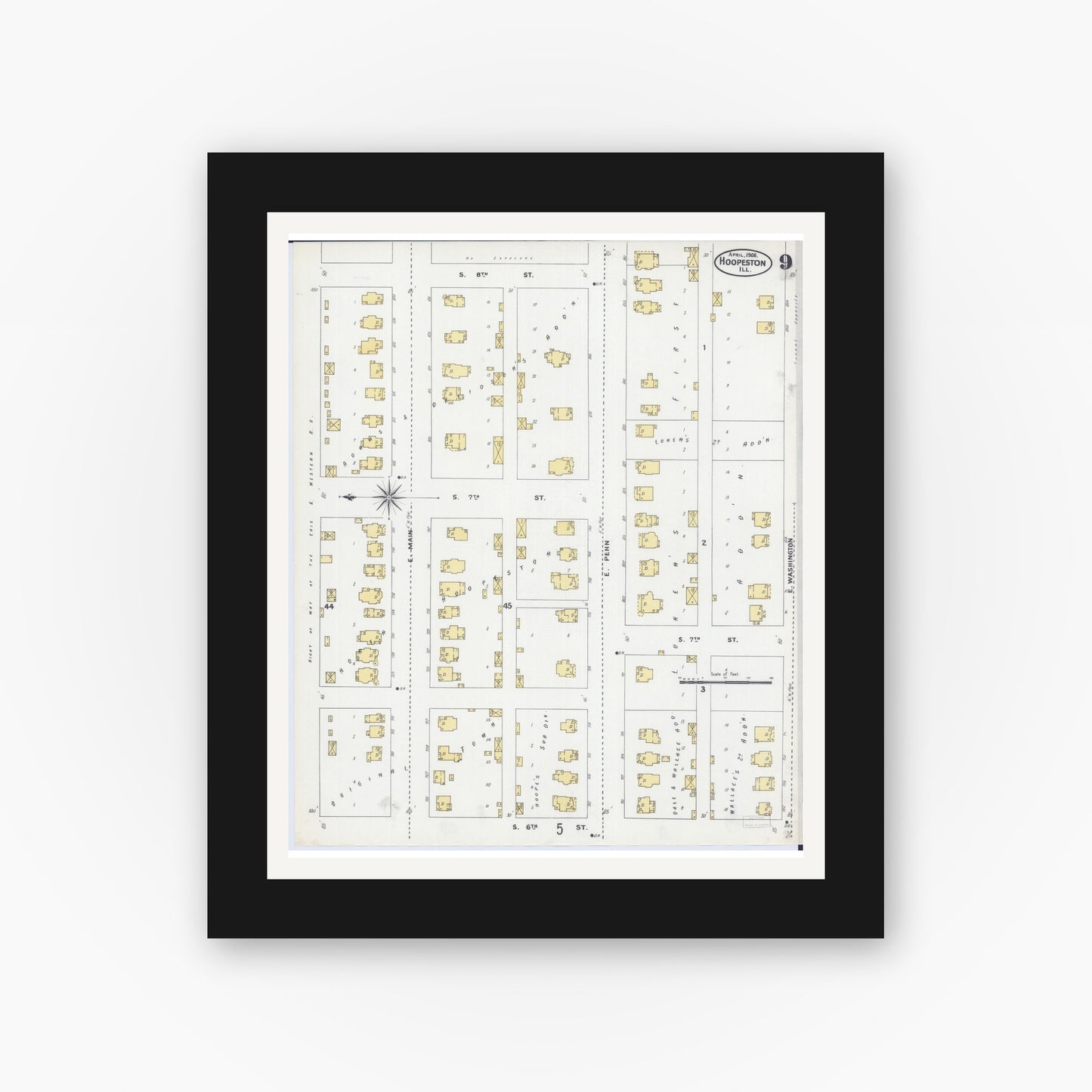 Old map wall art mockup — black gallery frame with white mat — Sanborn Fire Insurance Map from Hoopeston, Vermilion County, Illinois (1906), Sheet #0009