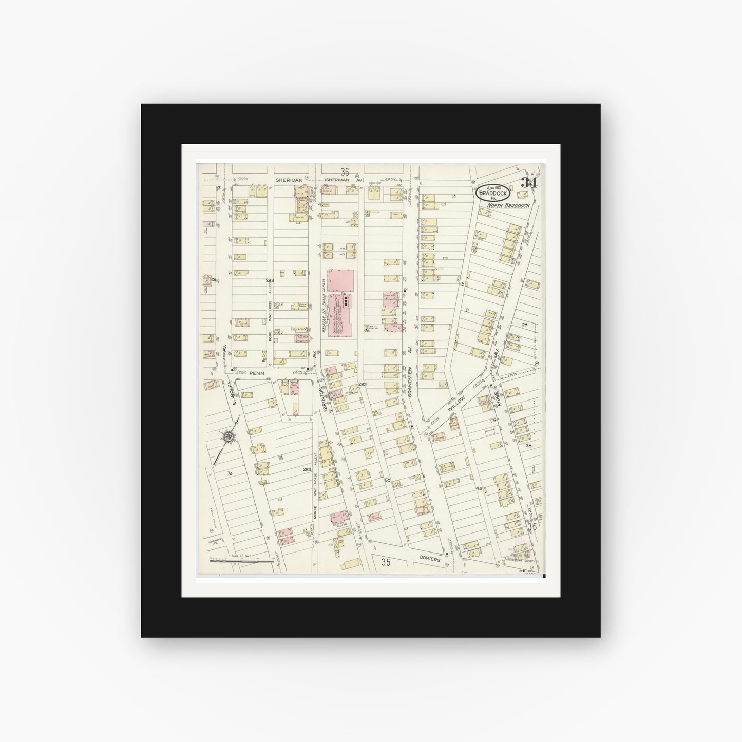 Old map wall art mockup — black gallery frame with white mat — Sanborn Fire Insurance Map from Braddock, Allegheny County, Pennsylvania (1914), Sheet #0034
