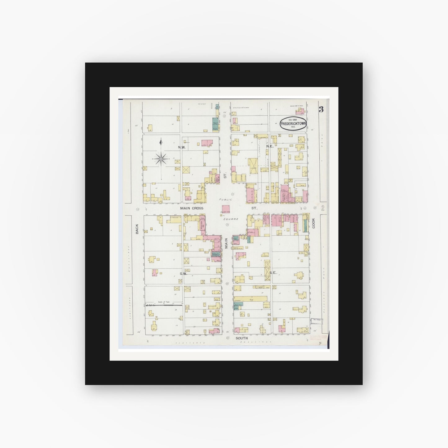 Old map wall art mockup — black gallery frame with white mat — Sanborn Fire Insurance Map from Fredericktown, Madison County, Missouri (1893), Sheet #0003