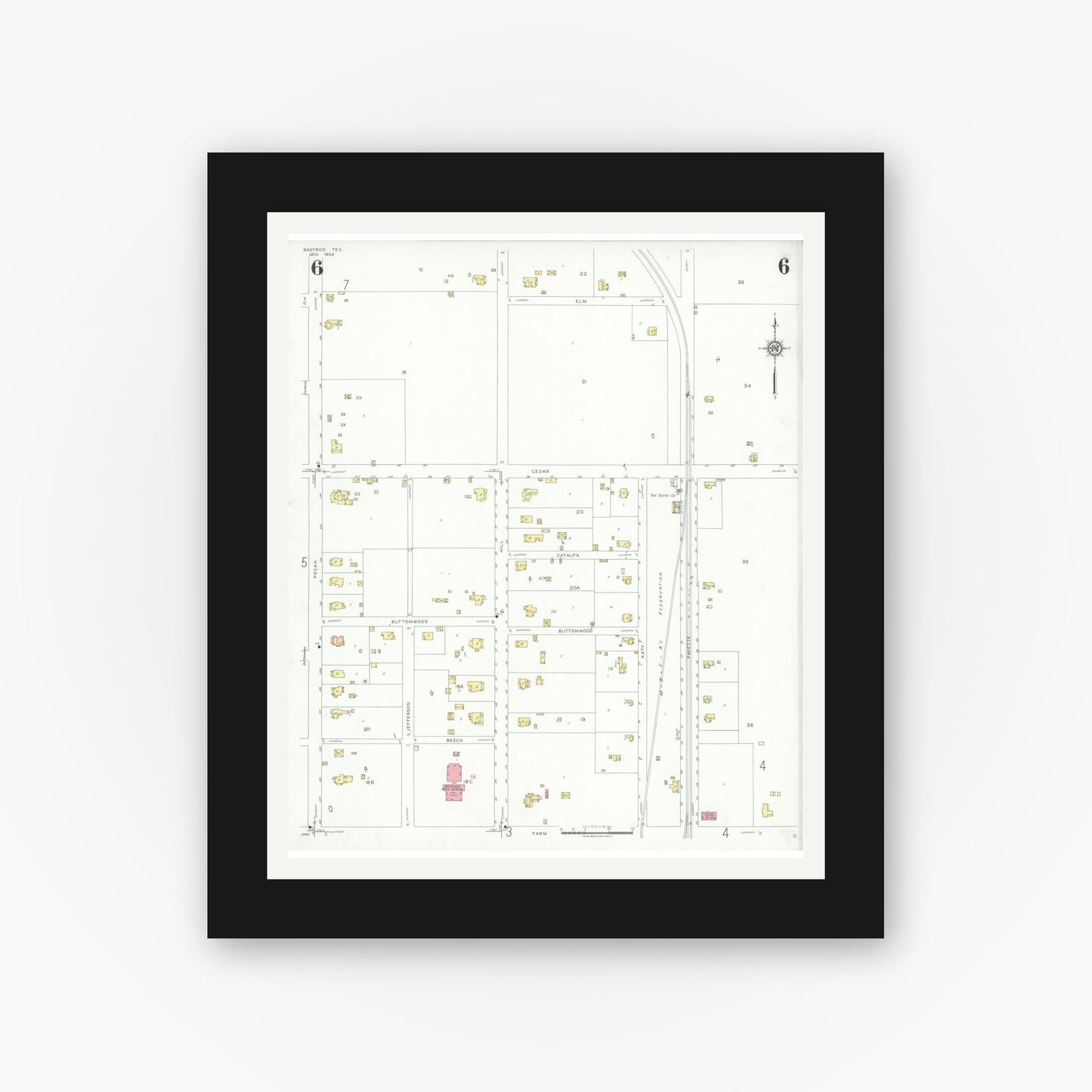 Old map wall art mockup — black gallery frame with white mat — Sanborn Fire Insurance Map from Bastrop, Bastrop County, Texas (1934), Sheet #0006