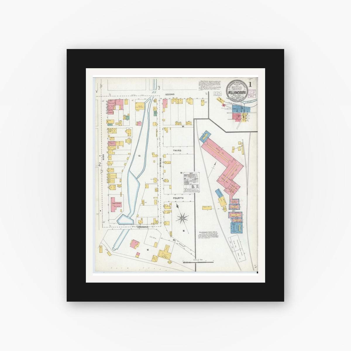 Old map wall art mockup — black gallery frame with white mat — Sanborn Fire Insurance Map from Williamsburg, Blair County, Pennsylvania (1904), Sheet #0001