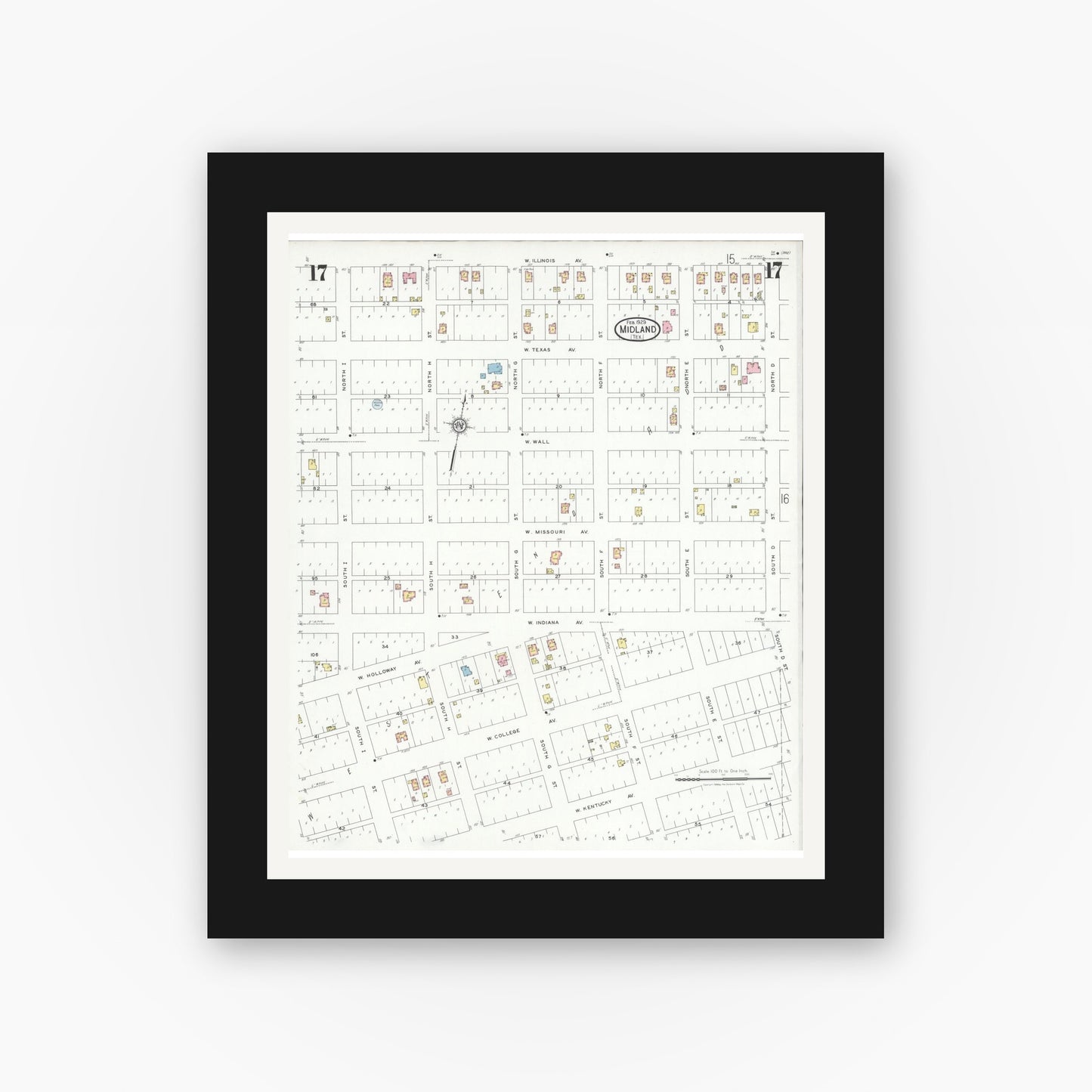 Old map wall art mockup — black gallery frame with white mat — Sanborn Fire Insurance Map from Midland, Midland County, Texas (1929), Sheet #0017