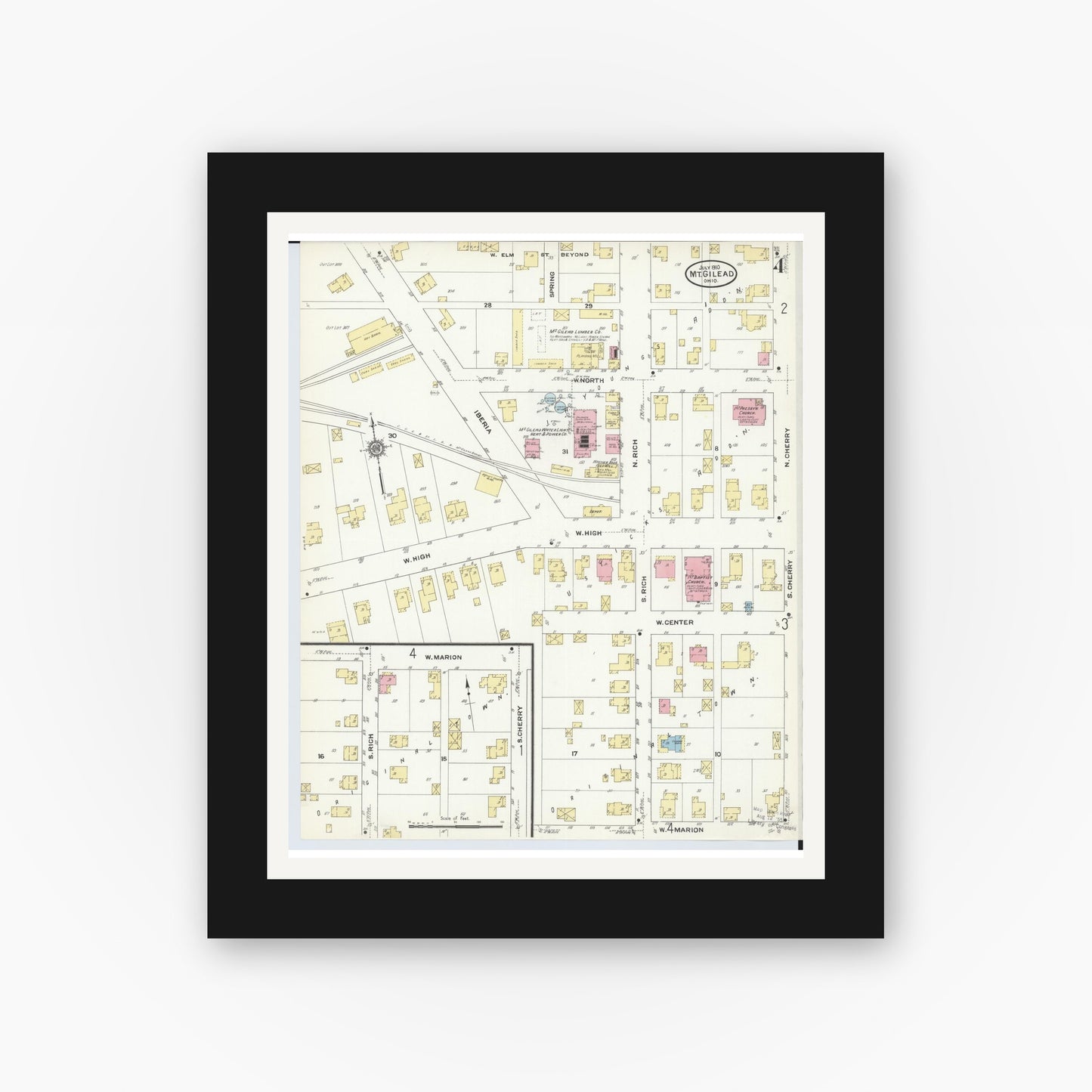 Old map wall art mockup — black gallery frame with white mat — Sanborn Fire Insurance Map from Mount Gilead, Morrow County, Ohio (1910), Sheet #0004
