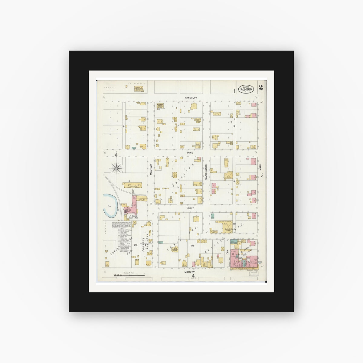 Old map wall art mockup — black gallery frame with white mat — Sanborn Fire Insurance Map from Red Bud, Randolph County, Illinois (1900), Sheet #0002