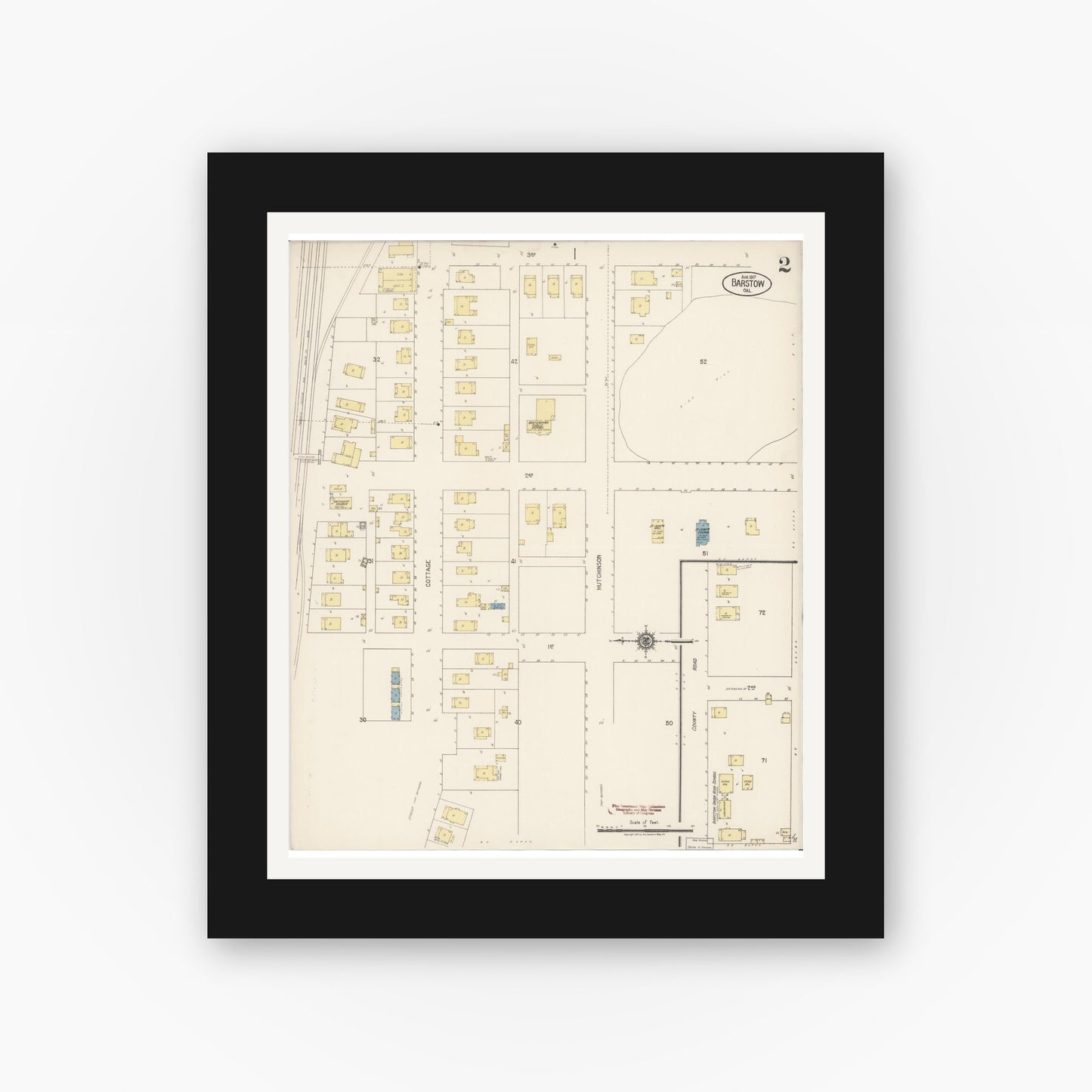 Old map wall art mockup — black gallery frame with white mat — Sanborn Fire Insurance Map from Barstow, San Bernardino County, California (1917), Sheet #0002