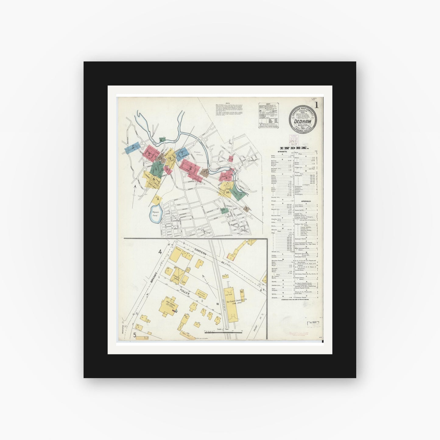 Old map wall art mockup — black gallery frame with white mat — Sanborn Fire Insurance Map from Dedham, Norfolk County, Massachusetts (1903) - Complete Map Set