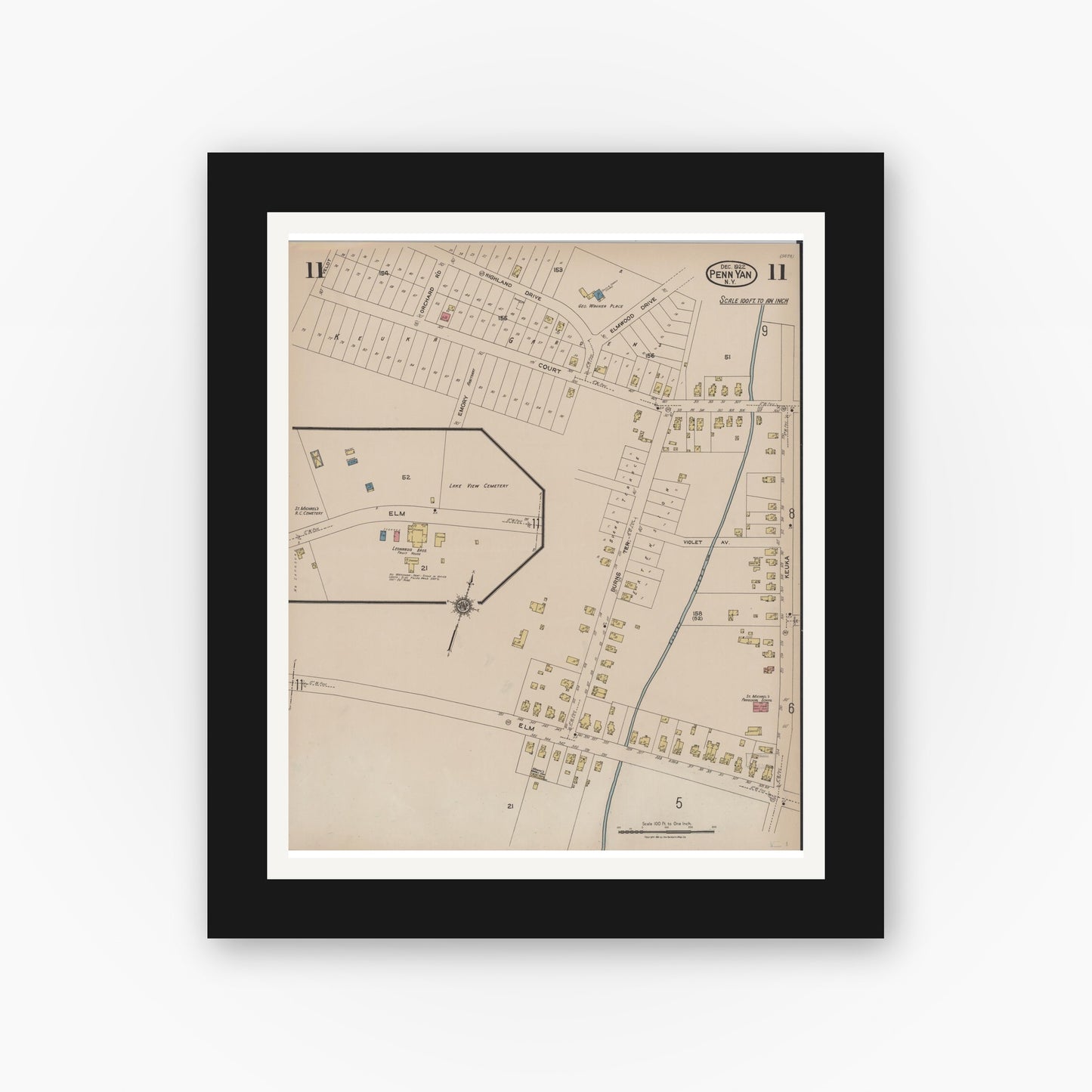 Old map wall art mockup — black gallery frame with white mat — Sanborn Fire Insurance Map from Penn Yan, Yates County, New York (1922), Sheet #0011