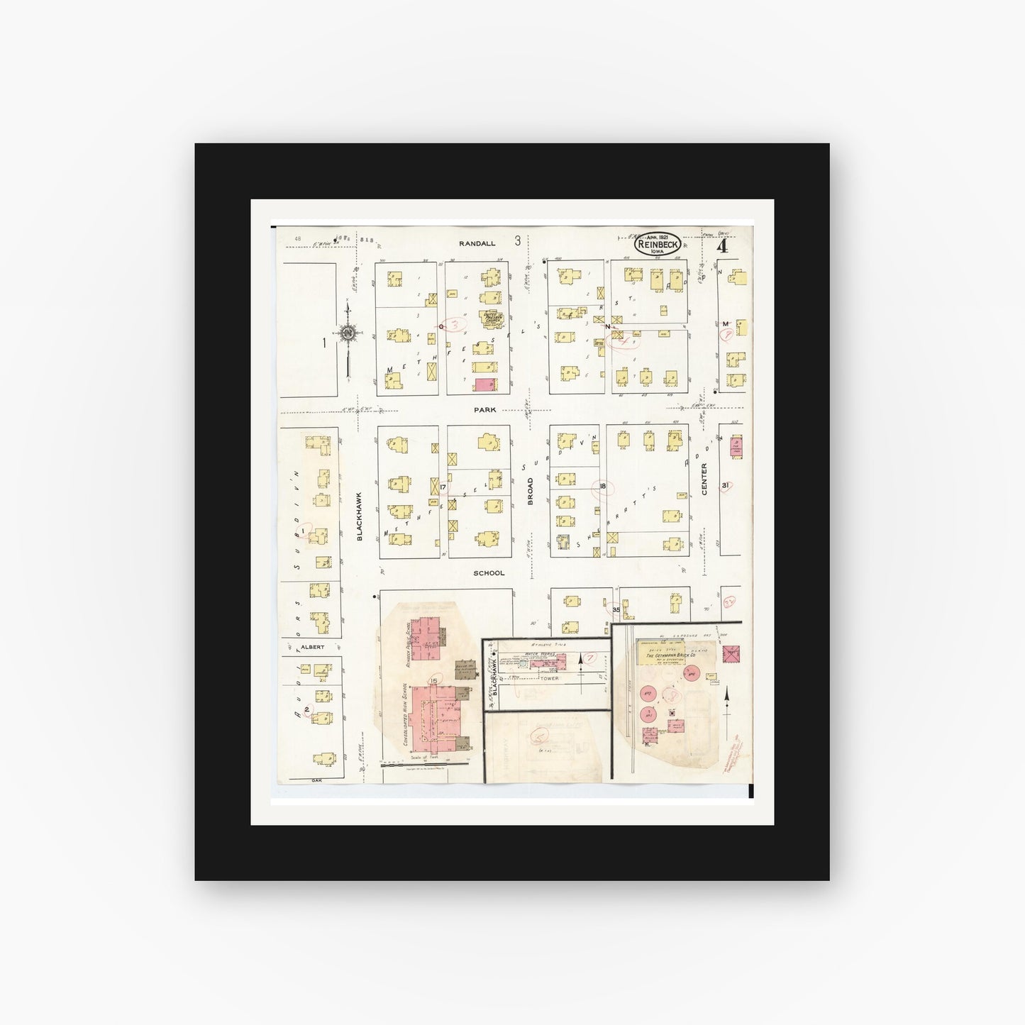 Old map wall art mockup β black gallery frame with white mat β Sanborn Fire Insurance Map from Reinbeck, Grundy County, Iowa (1935), Sheet #0004