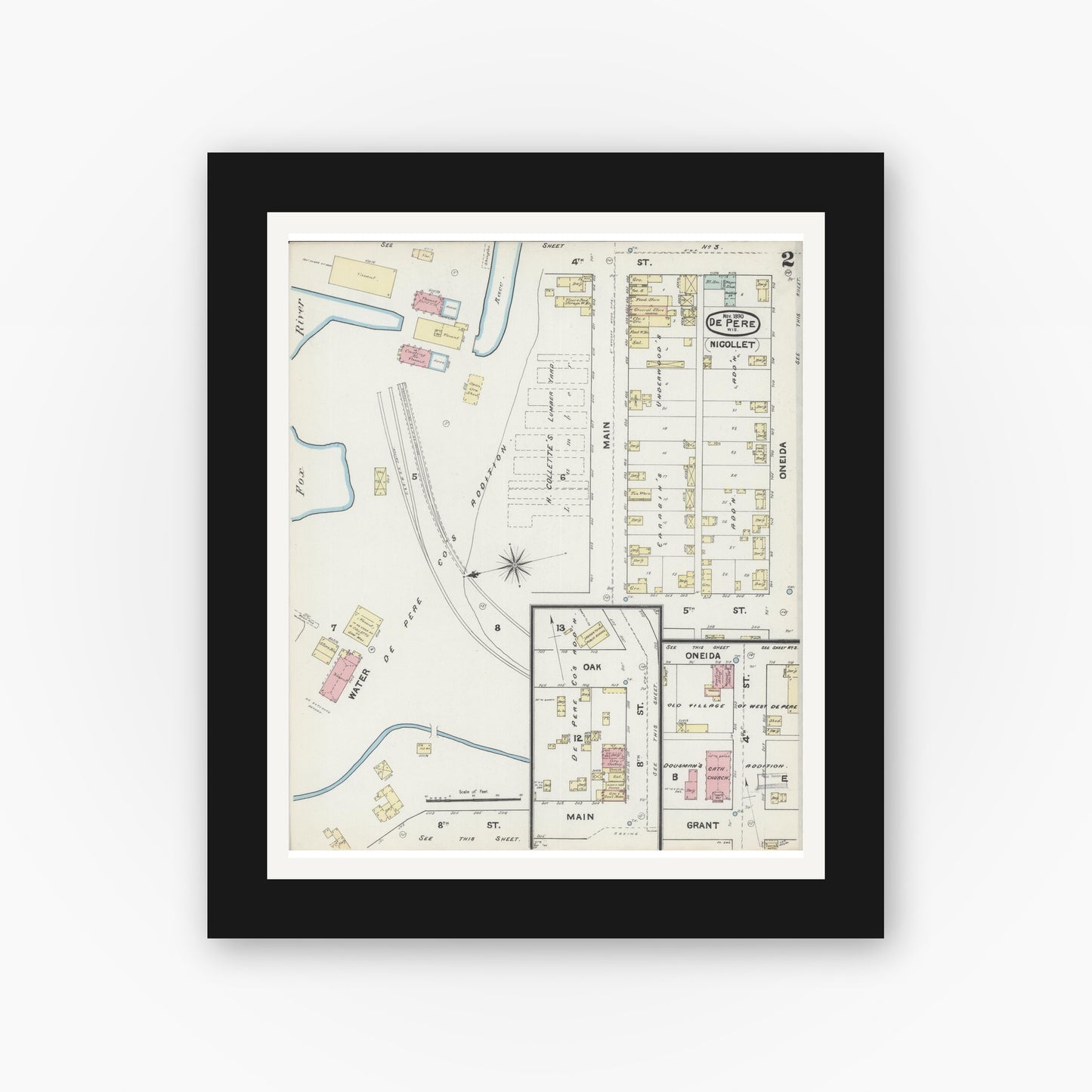 Old map wall art mockup — black gallery frame with white mat — Sanborn Fire Insurance Map from De Pere, Brown County, Wisconsin (1890), Sheet #0002