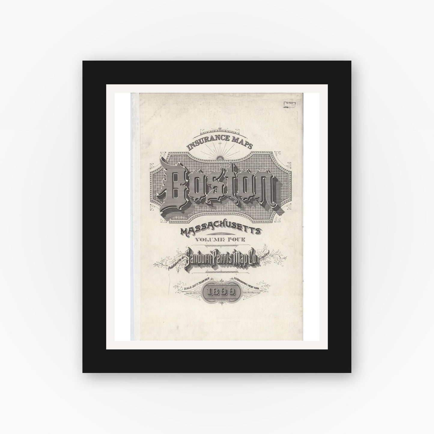 Old map wall art mockup — black gallery frame with white mat — Sanborn Fire Insurance Map from Boston, Suffolk County, Massachusetts (1899), Sheet #0001