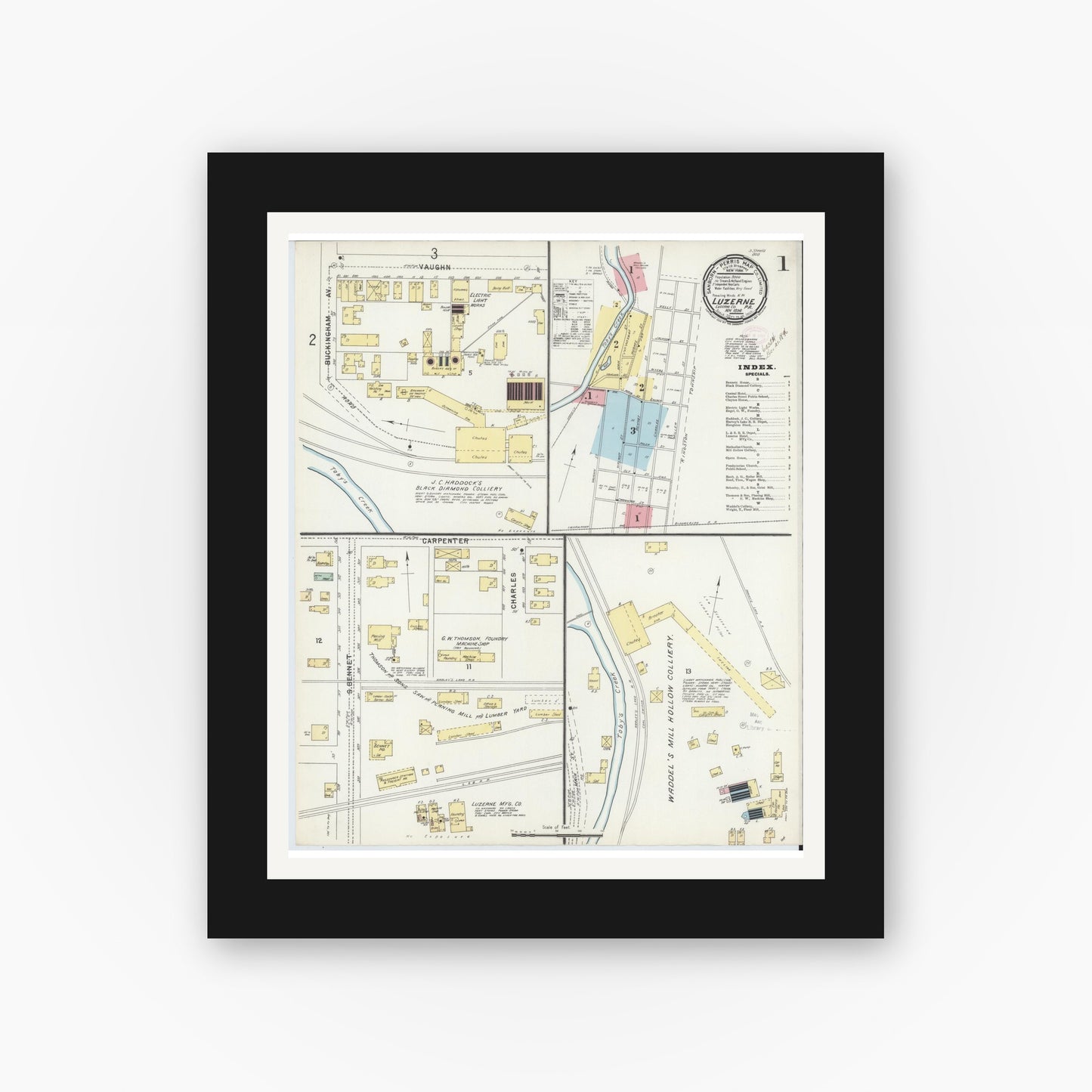 Old map wall art mockup — black gallery frame with white mat — Sanborn Fire Insurance Map from Luzerne, Luzerne County, Pennsylvania (1896), Sheet #0001