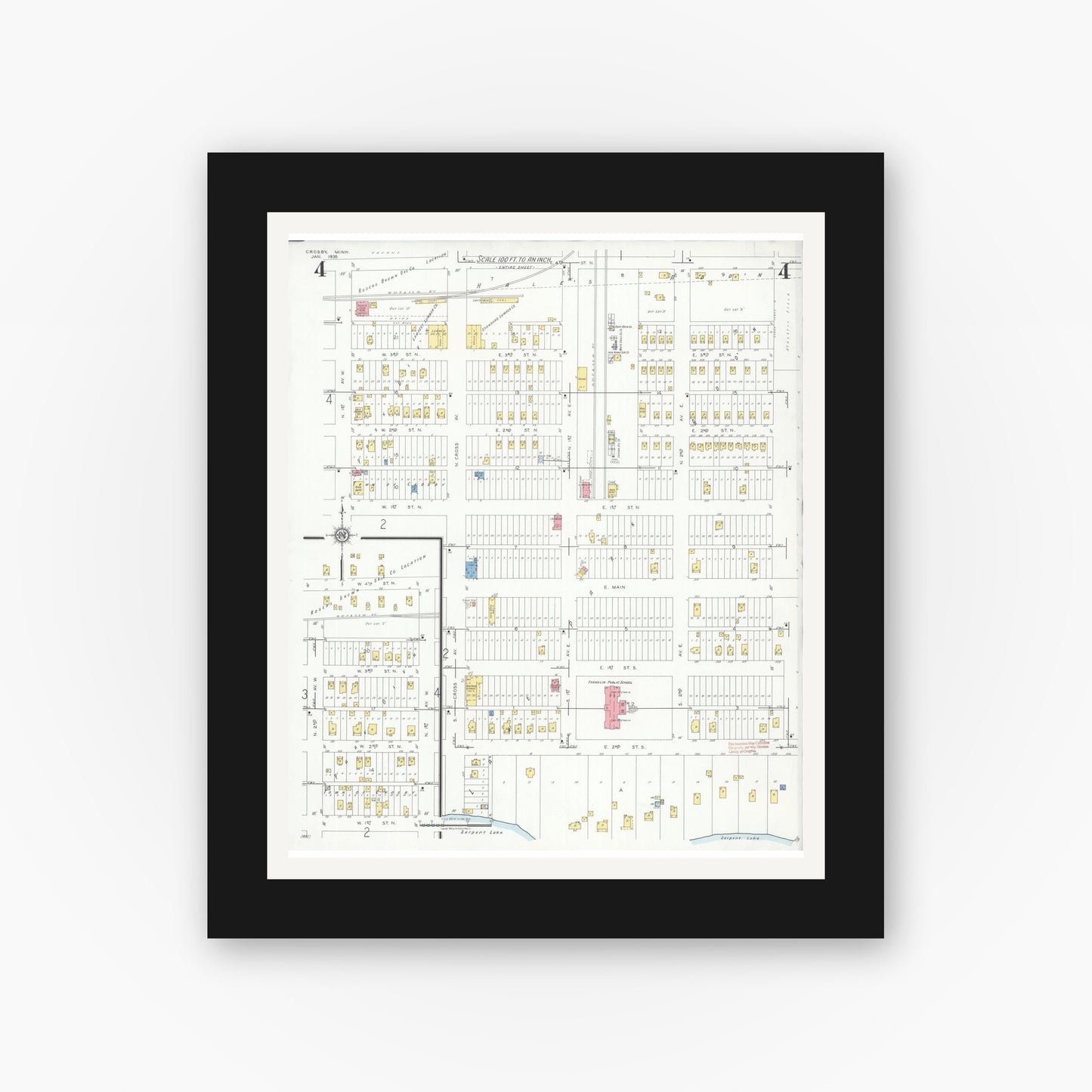 Old map wall art mockup — black gallery frame with white mat — Sanborn Fire Insurance Map from Crosby, Crow Wing County, Minnesota (1935), Sheet #0004