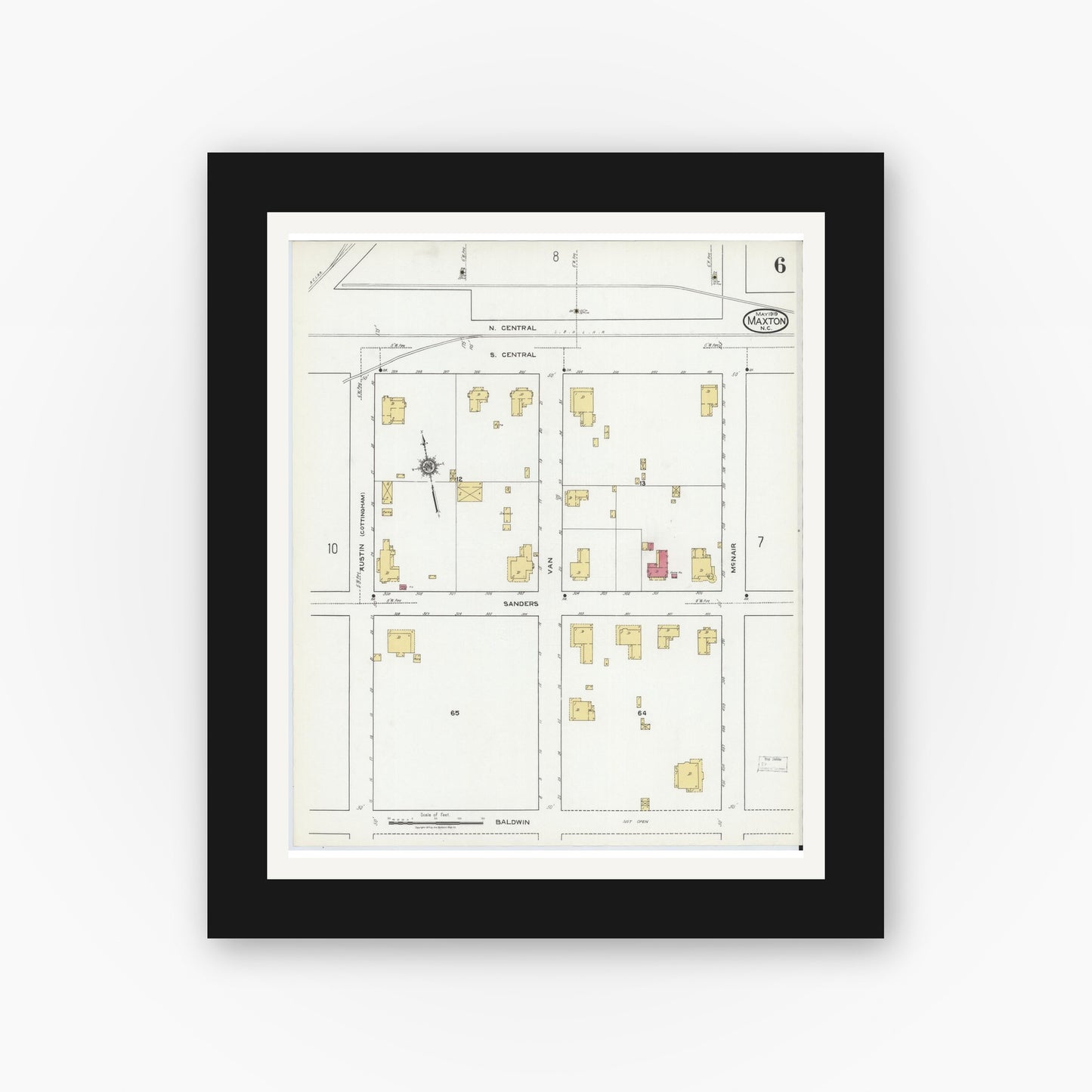 Old map wall art mockup — black gallery frame with white mat — Sanborn Fire Insurance Map from Maxton, Robeson County, North Carolina (1919), Sheet #0006