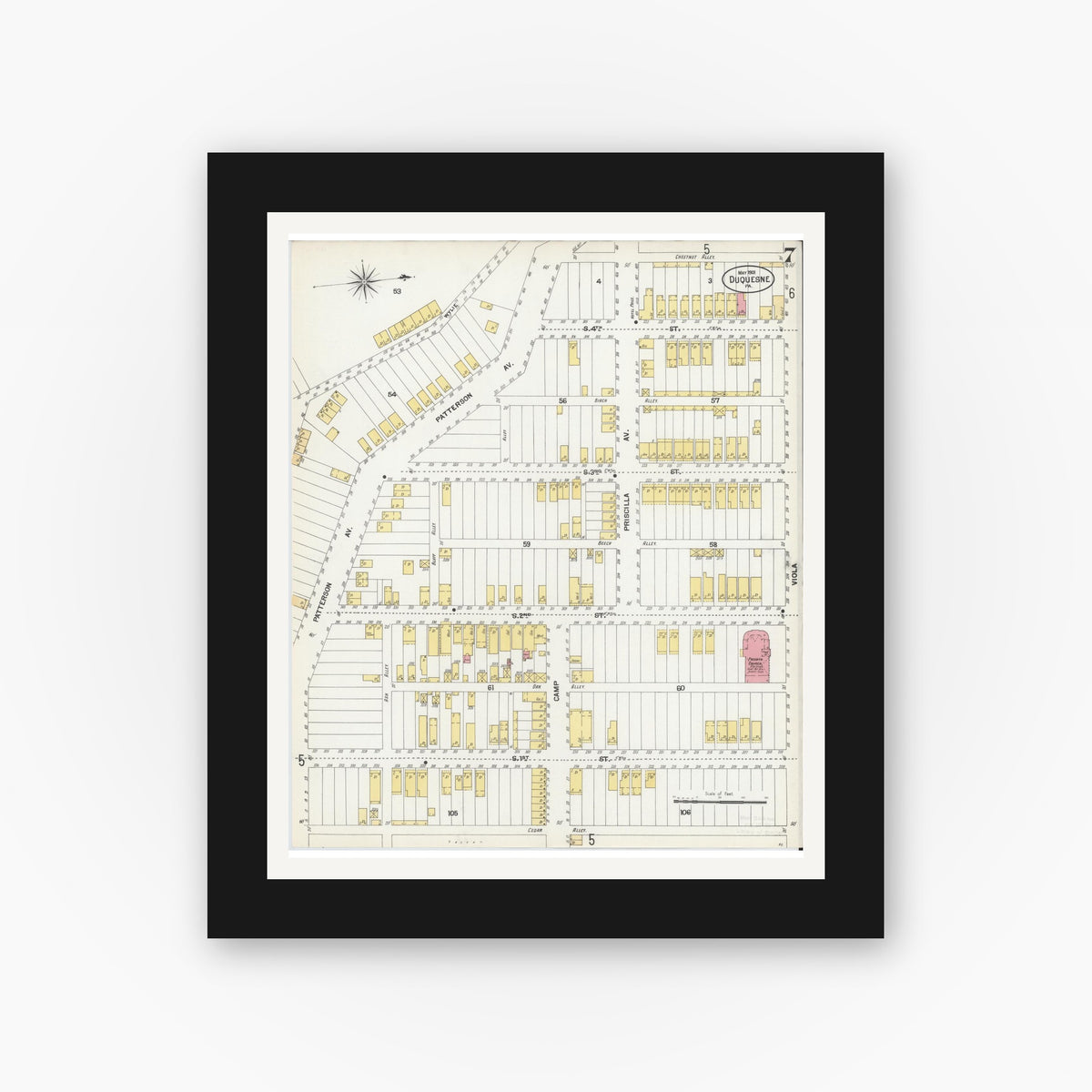 Old map wall art mockup — black gallery frame with white mat — Sanborn Fire Insurance Map from Duquesne, Allegheny County, Pennsylvania (1901), Sheet #0007
