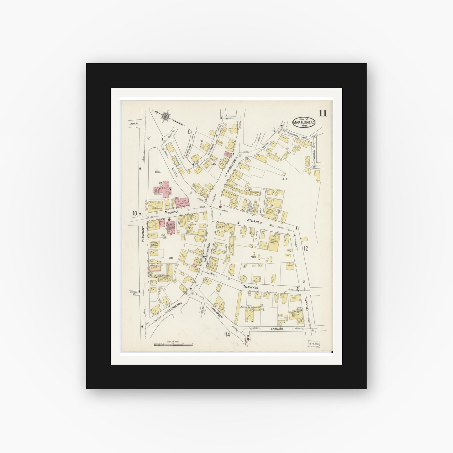 Old map wall art mockup — black gallery frame with white mat — Sanborn Fire Insurance Map from Marblehead, Essex County, Massachusetts (1915), Sheet #0011