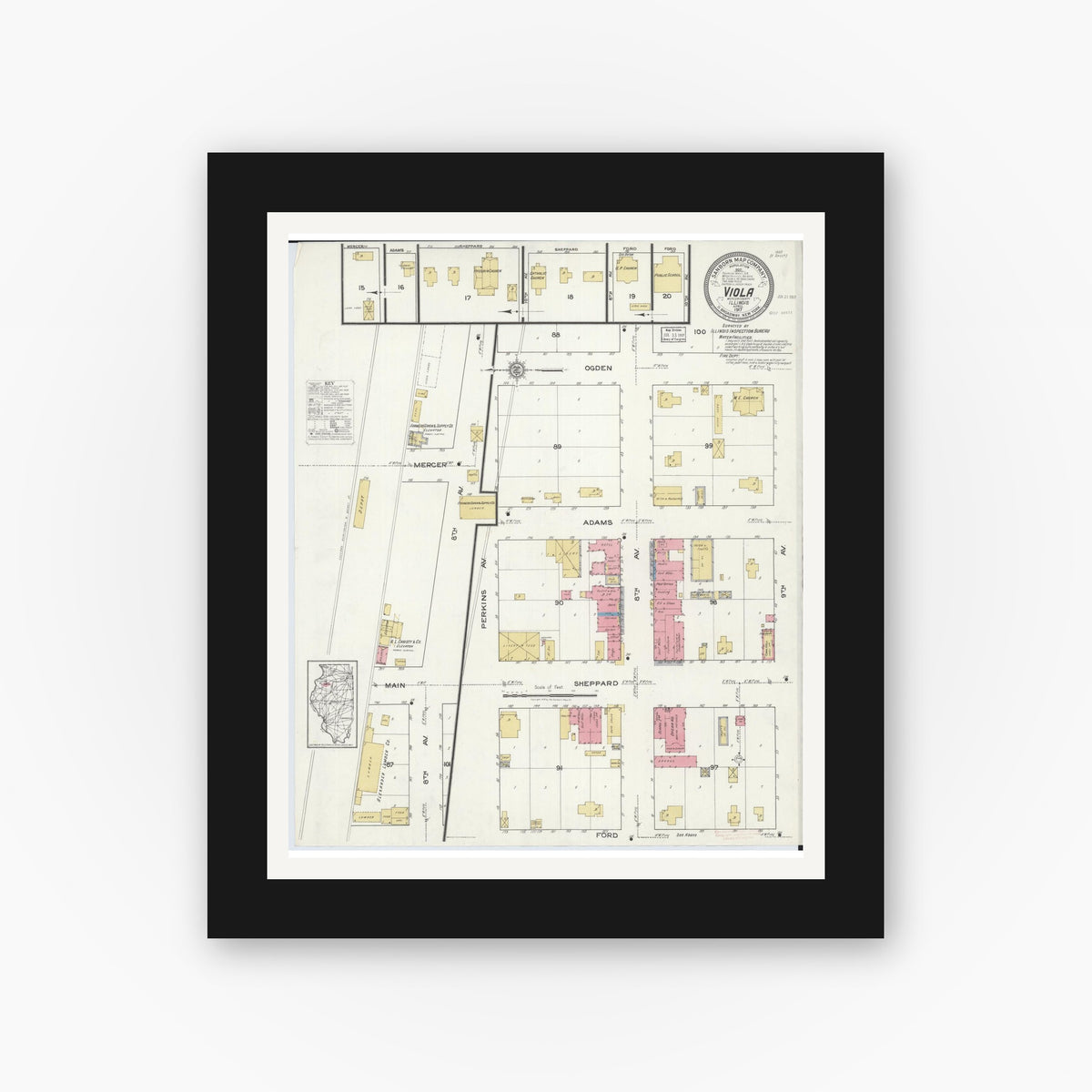 Old map wall art mockup — black gallery frame with white mat — Sanborn Fire Insurance Map from Viola, Mercer County, Illinois (1917), Sheet #0001