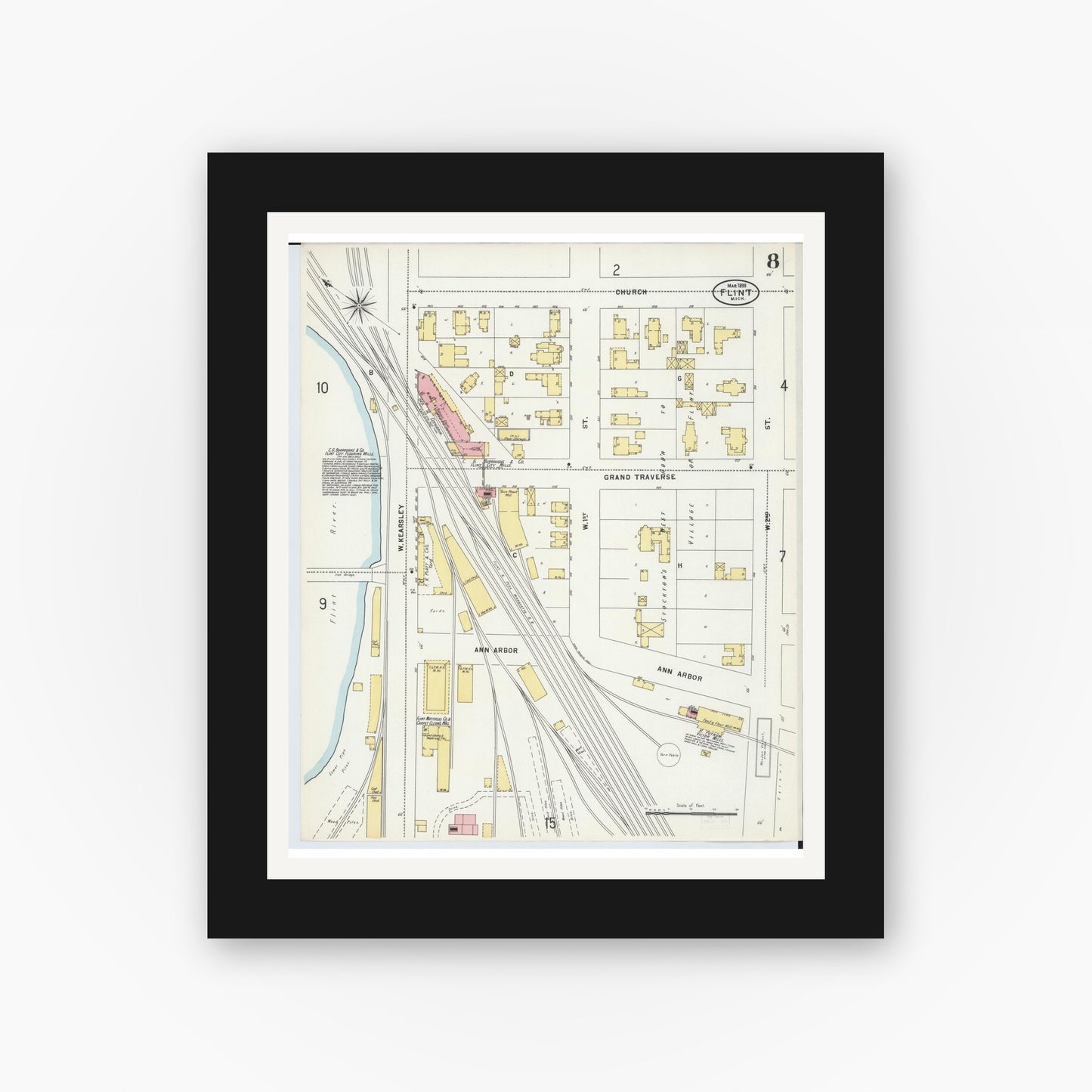 Old map wall art mockup — black gallery frame with white mat — Sanborn Fire Insurance Map from Flint, Genesee County, Michigan (1898), Sheet #0008