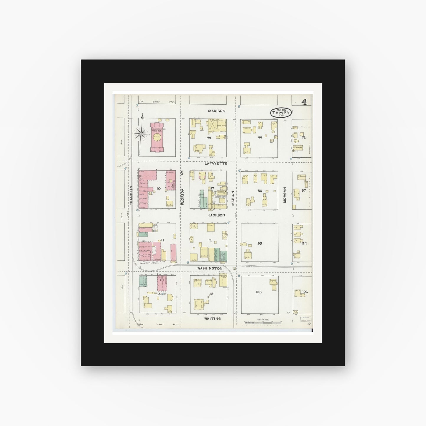 Old map wall art mockup — black gallery frame with white mat — Sanborn Fire Insurance Map from Tampa, Hillsborough County, Florida (1892), Sheet #0004
