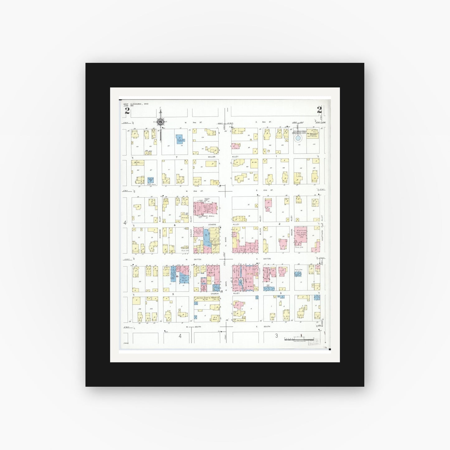 Old map wall art mockup — black gallery frame with white mat — Sanborn Fire Insurance Map from West Alexandria, Preble County, Ohio (1951), Sheet #0002