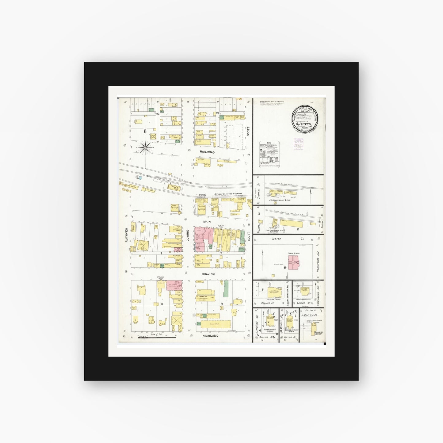 Old map wall art mockup β black gallery frame with white mat β Sanborn Fire Insurance Map from Ruthven, Palo Alto County, Iowa (1901), Sheet #0001